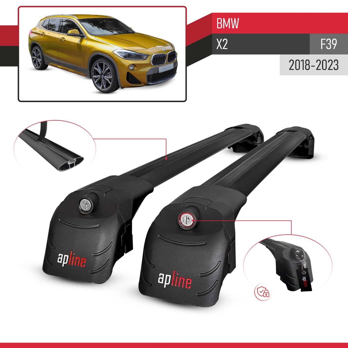 Compatible with BMW X2 (F39) 2018-2023 ACE-2 Car Roof Rack Cross Bar Black Aluminium 2 Bars