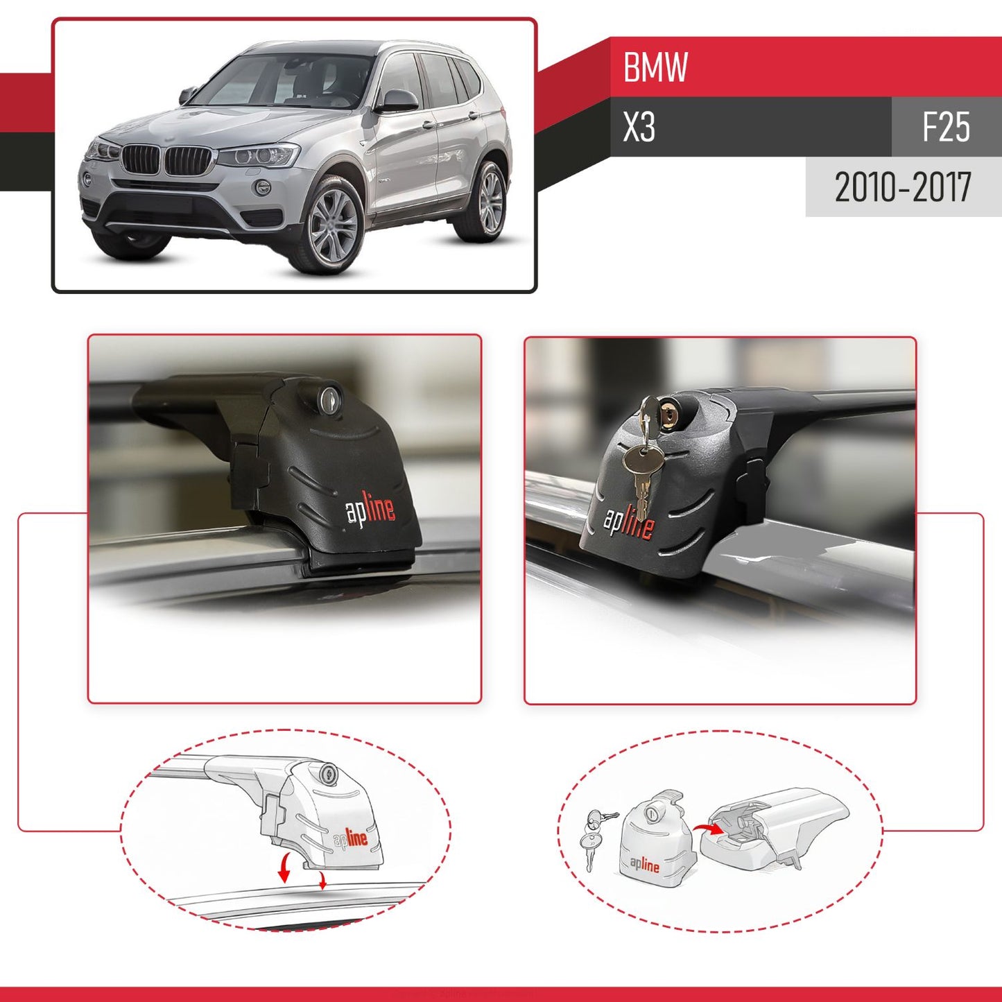 Compatible with BMW X3 (F25) 2011-2017 ACE-2 Car Roof Rack Cross Bar Black Aluminium 2 Bars