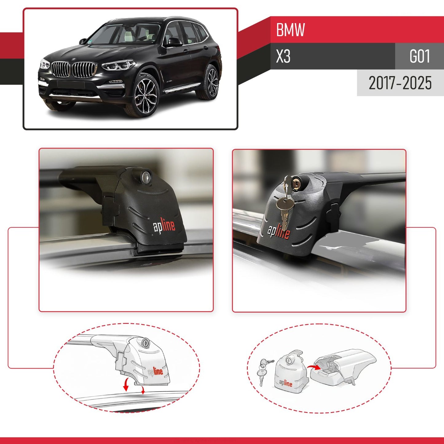 Compatible avec BMW X3 (G01) 2017-2025 ACE-2 modèle Barres de Toit Railing Porte-Bagages de Voiture Noir Aluminium Barres