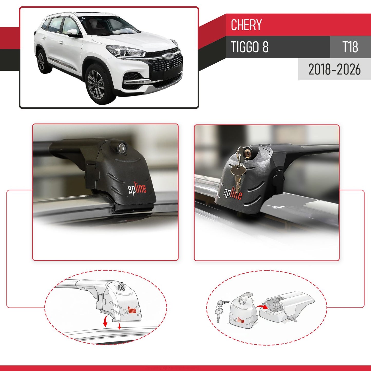 Compatible avec Chery Tiggo 8 (T18) 2018-2026 ACE-2 modèle Barres de Toit Railing Porte-Bagages de Voiture Noir Aluminium Barres