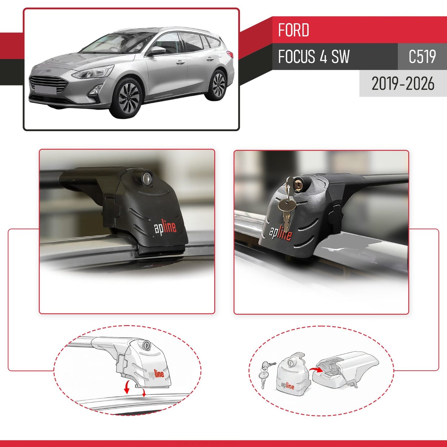 Compatible with Ford Focus 4 (C519) SW 2019-2025 ACE-2 Car Roof Rack Cross Bar Black Aluminium 2 Bars