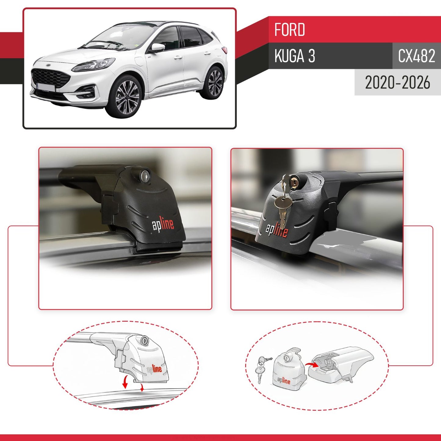 Compatible avec Ford Kuga 3 (CX482) 2020-2026 ACE-2 modèle Barres de Toit Railing Porte-Bagages de Voiture Noir Aluminium Barres