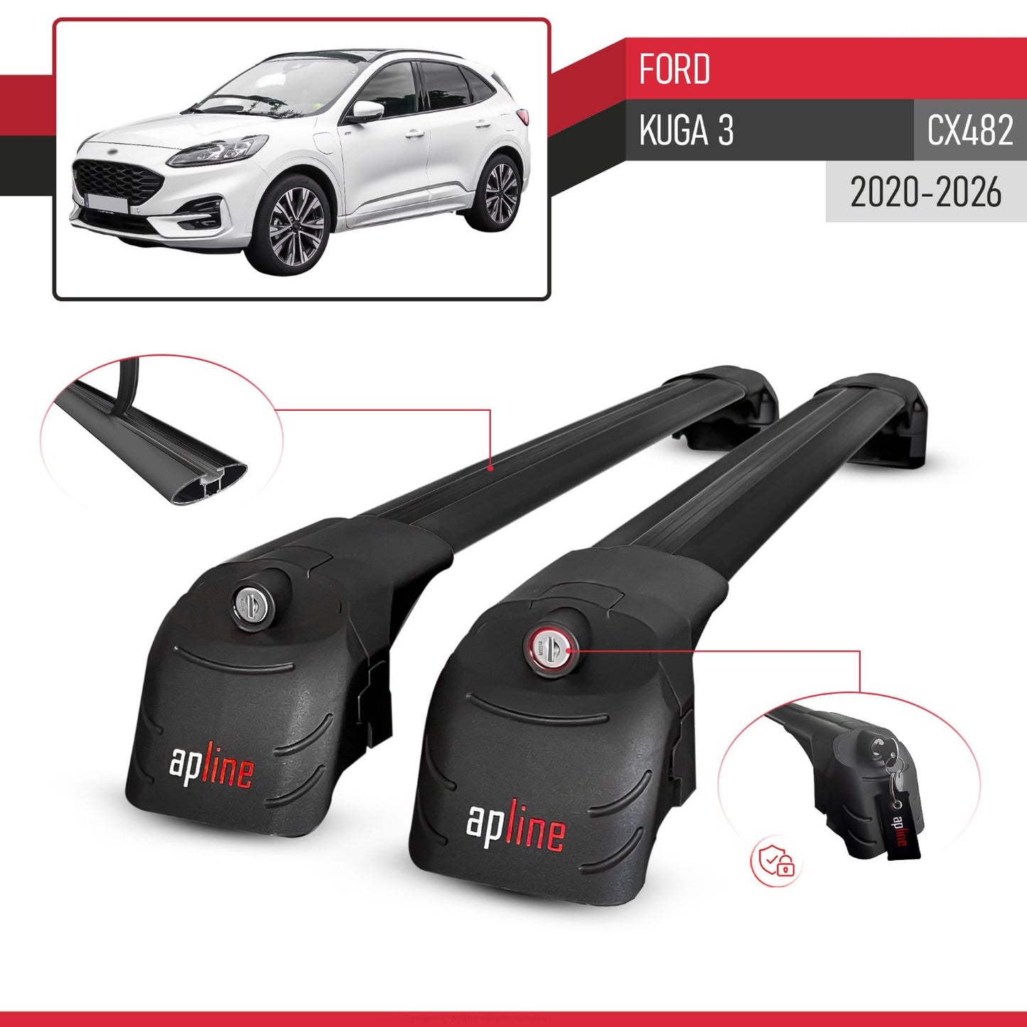 Compatible avec Ford Kuga 3 (CX482) 2020-2026 ACE-2 modèle Barres de Toit Railing Porte-Bagages de Voiture Noir Aluminium Barres