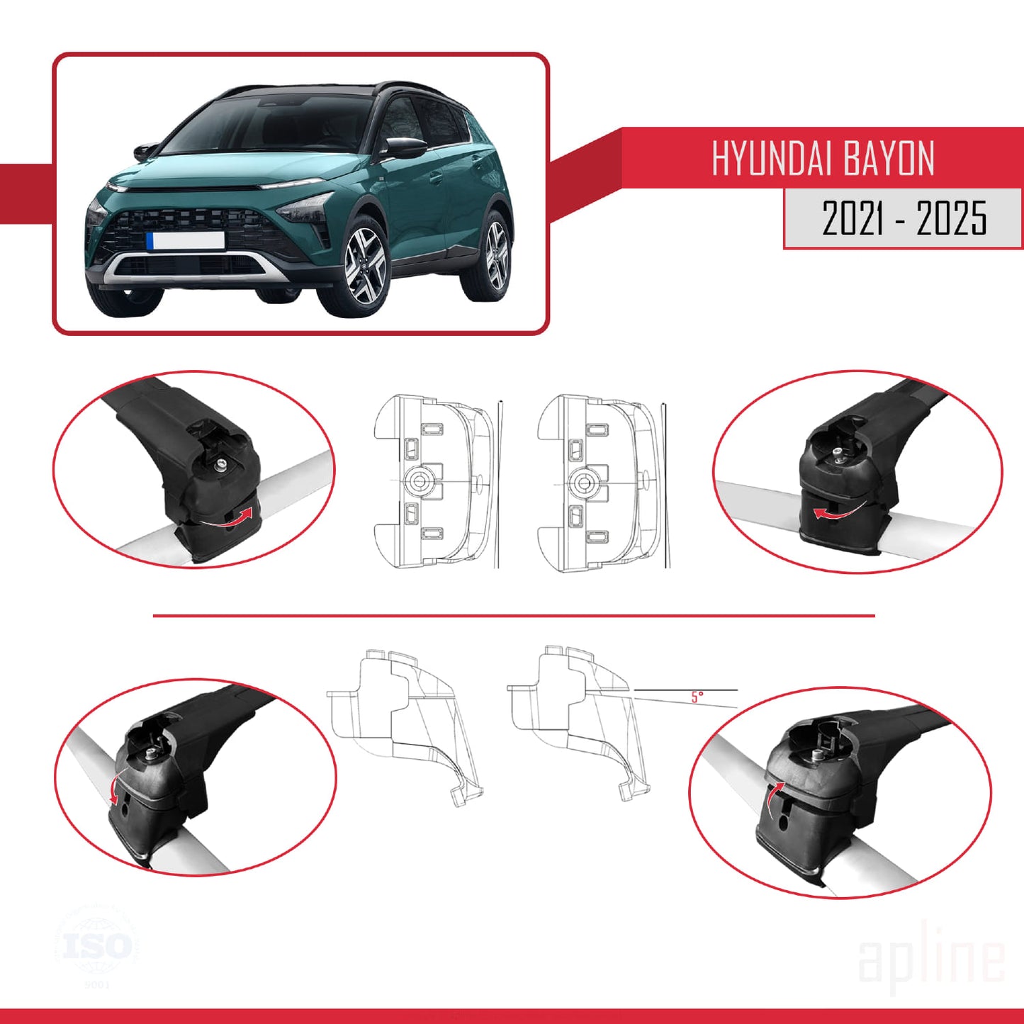 Compatible avec Hyundai Bayon (BC3) 2021-2025 ACE-2 Barres de Toit Railing Porte-Bagages de Voiture Noir Aluminium 2 Barres