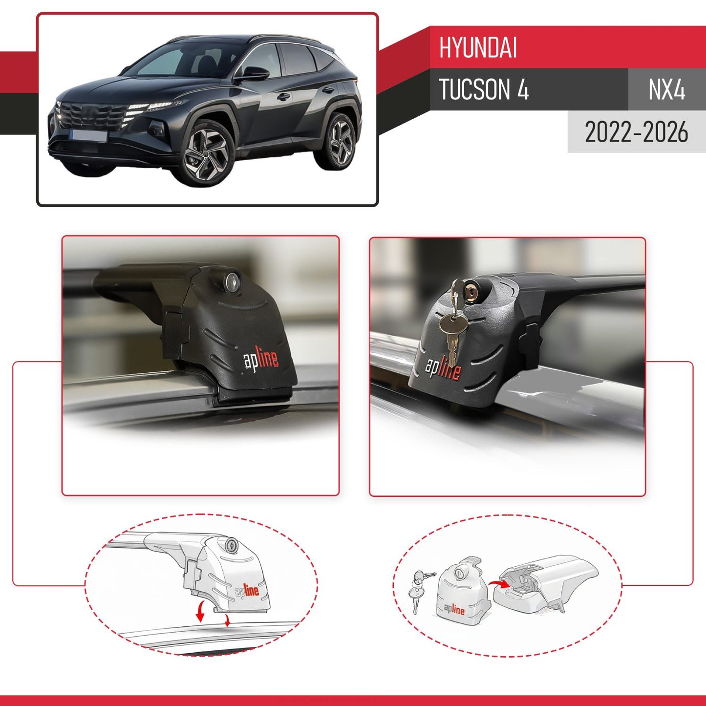 Compatible avec Hyundai Tucson 4 (NX4) 2022-2026 ACE-2 modèle Barres de Toit Railing Porte-Bagages de Voiture Noir Aluminium Barres