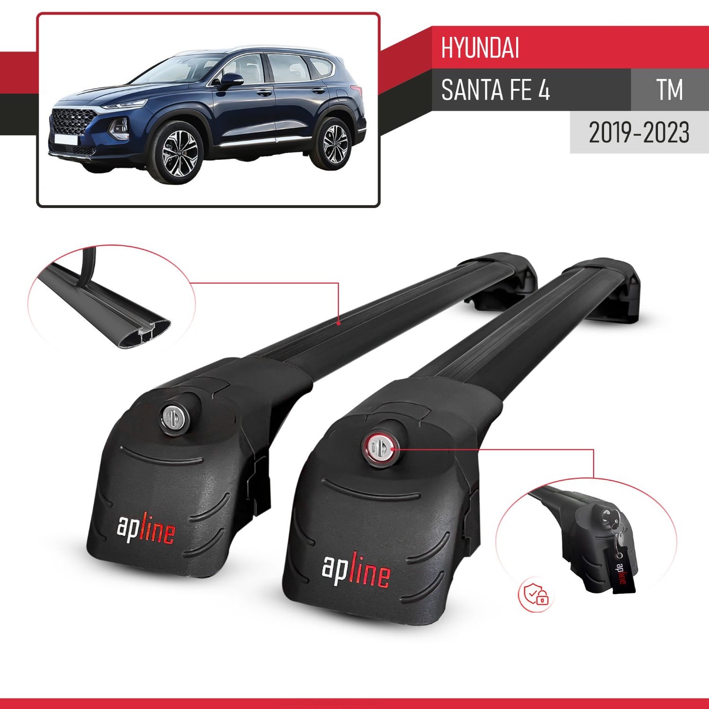 Compatible with Hyundai Santa Fe 4 (TM) 2019-2023 ACE-2 Car Roof Rack Cross Bar Black Aluminium 2 Bars