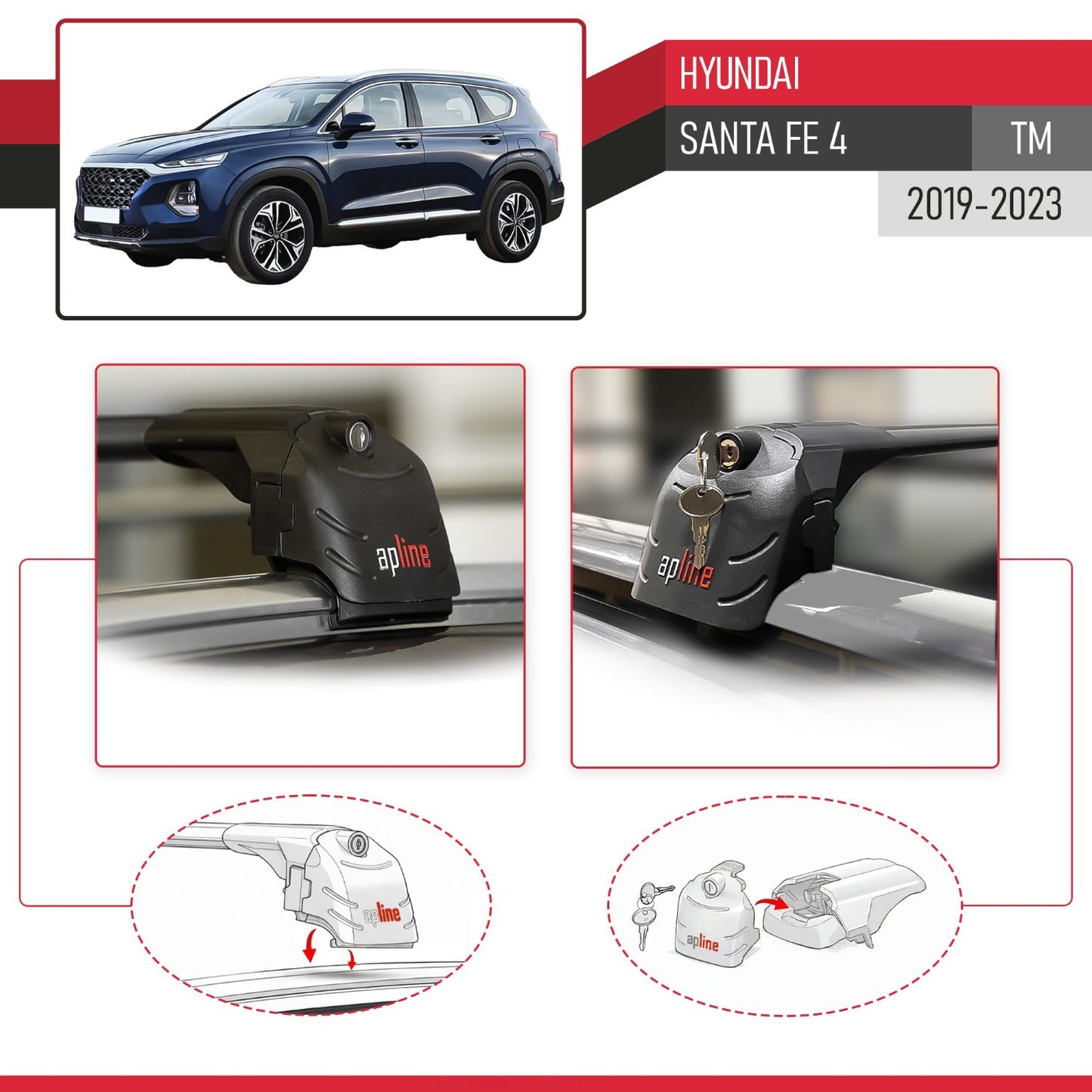 Compatible with Hyundai Santa Fe 4 (TM) 2019-2023 ACE-2 Car Roof Rack Cross Bar Black Aluminium 2 Bars