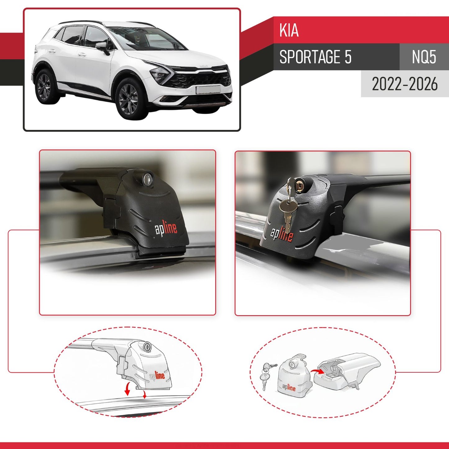 Compatible avec Kia Sportage 5 (NQ5) 2022-2026 (No-Sunroof) ACE-2 modèle Barres de Toit Railing Porte-Bagages de Voiture Noir Aluminium Barres