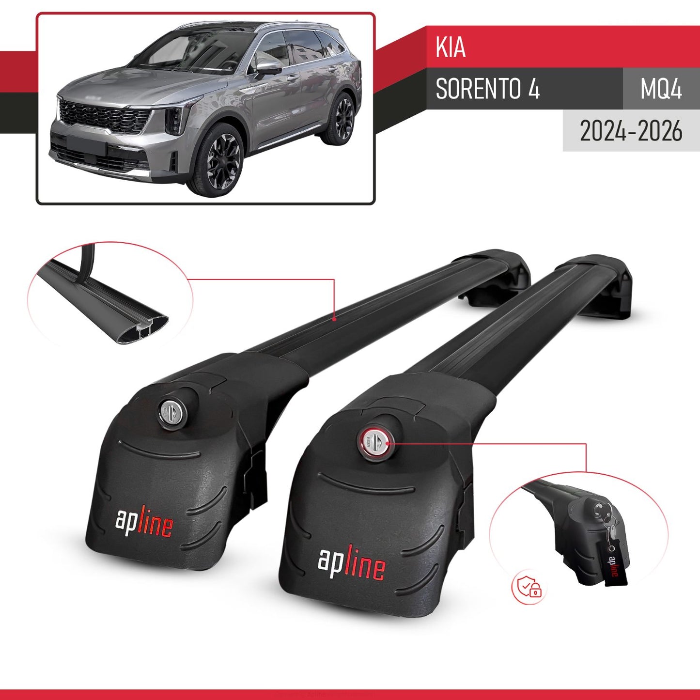Compatible with Kia Sorento 4 (MQ4) 2021-2025 ACE-2 Car Roof Rack Cross Bar Black Aluminium 2 Bars