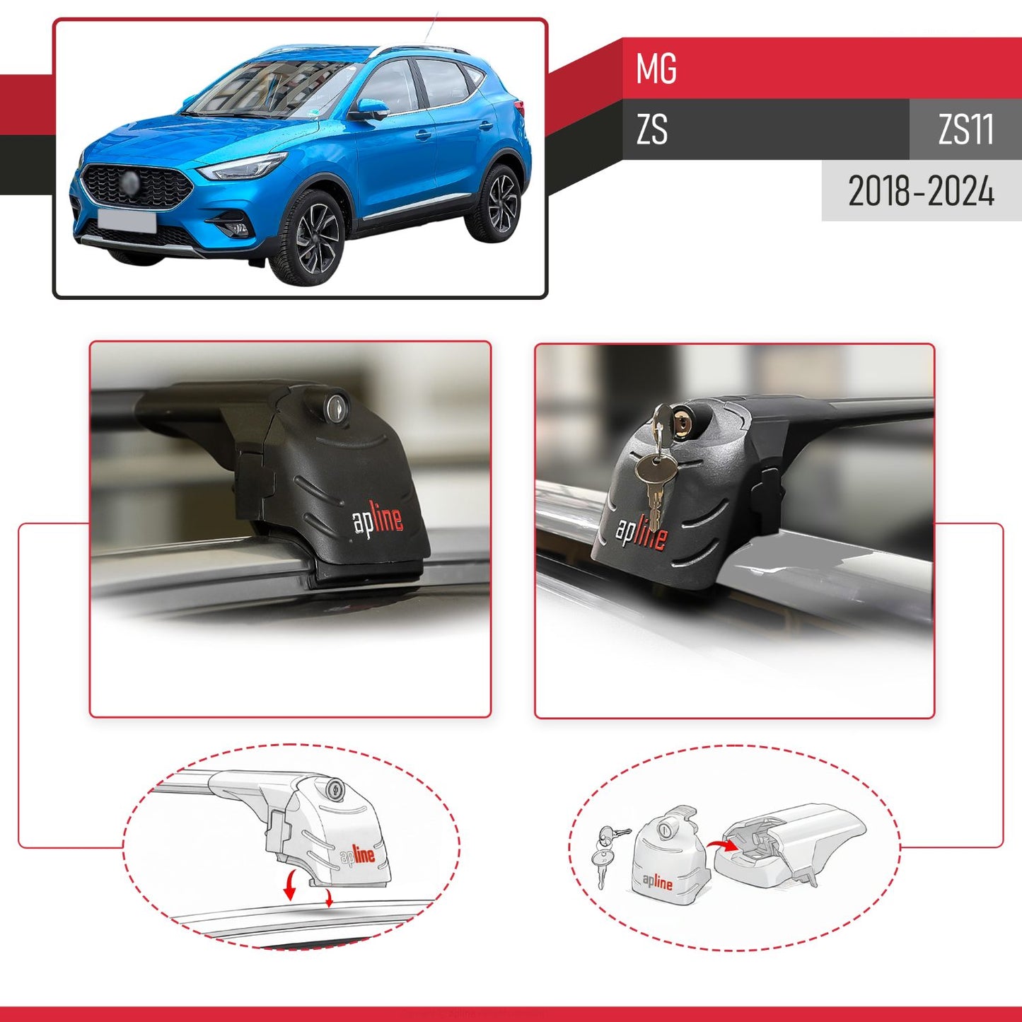 Compatible with MG ZS 2018-2024 ACE-2 Car Roof Rack Cross Bar Black Aluminium 2 Bars