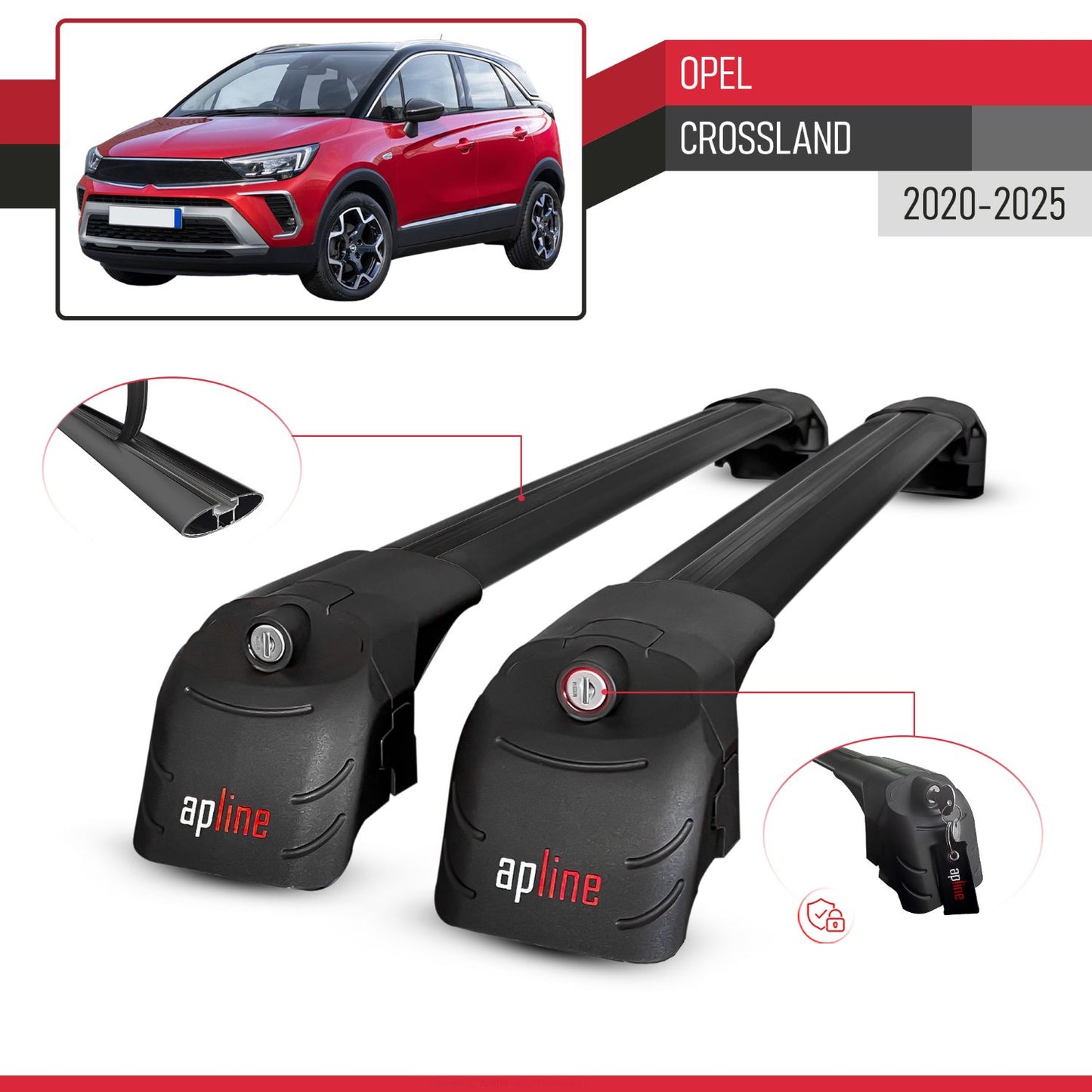 Compatible with Opel Crossland 2020-2024 ACE-2 Car Roof Rack Cross Bar Black Aluminium 2 Bars