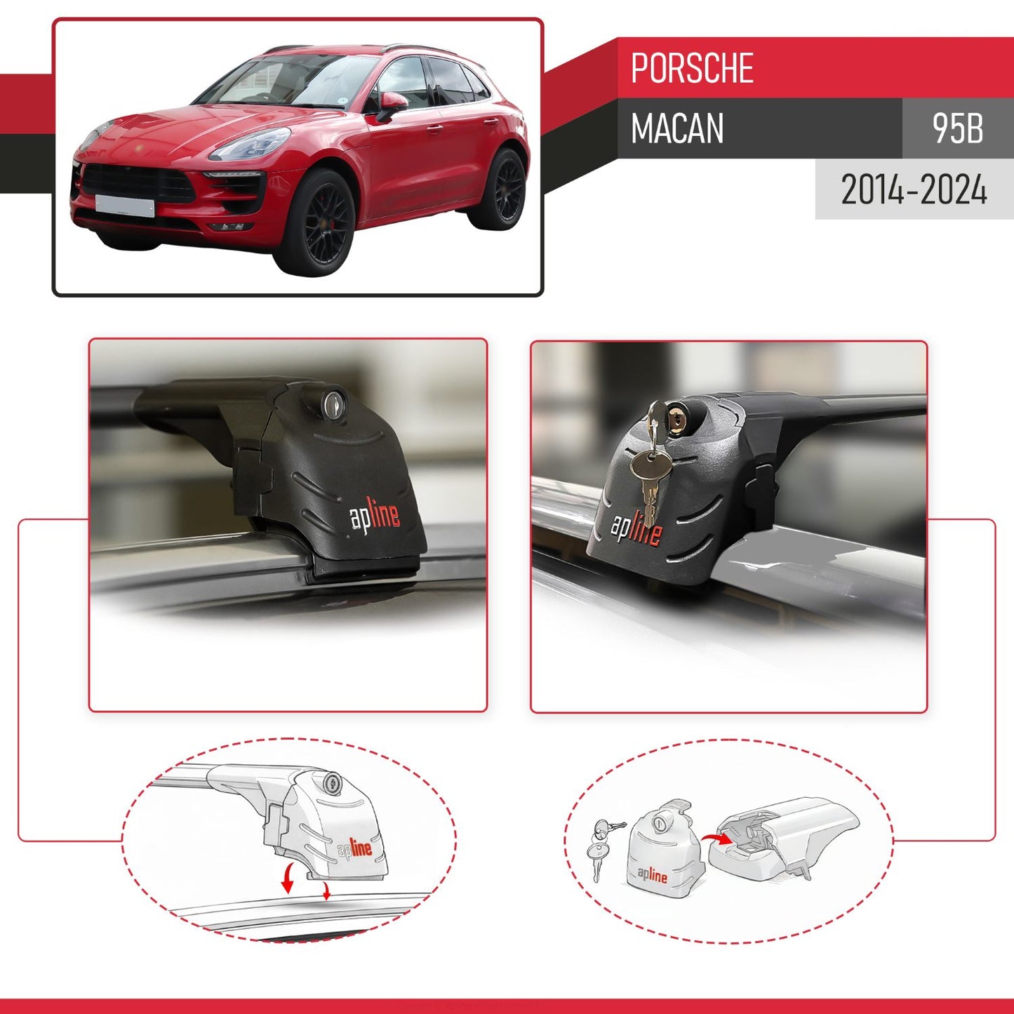 Compatible avec Porsche Macan (95B) 2014-2024 ACE-2 modèle Barres de Toit Railing Porte-Bagages de Voiture Noir Aluminium Barres