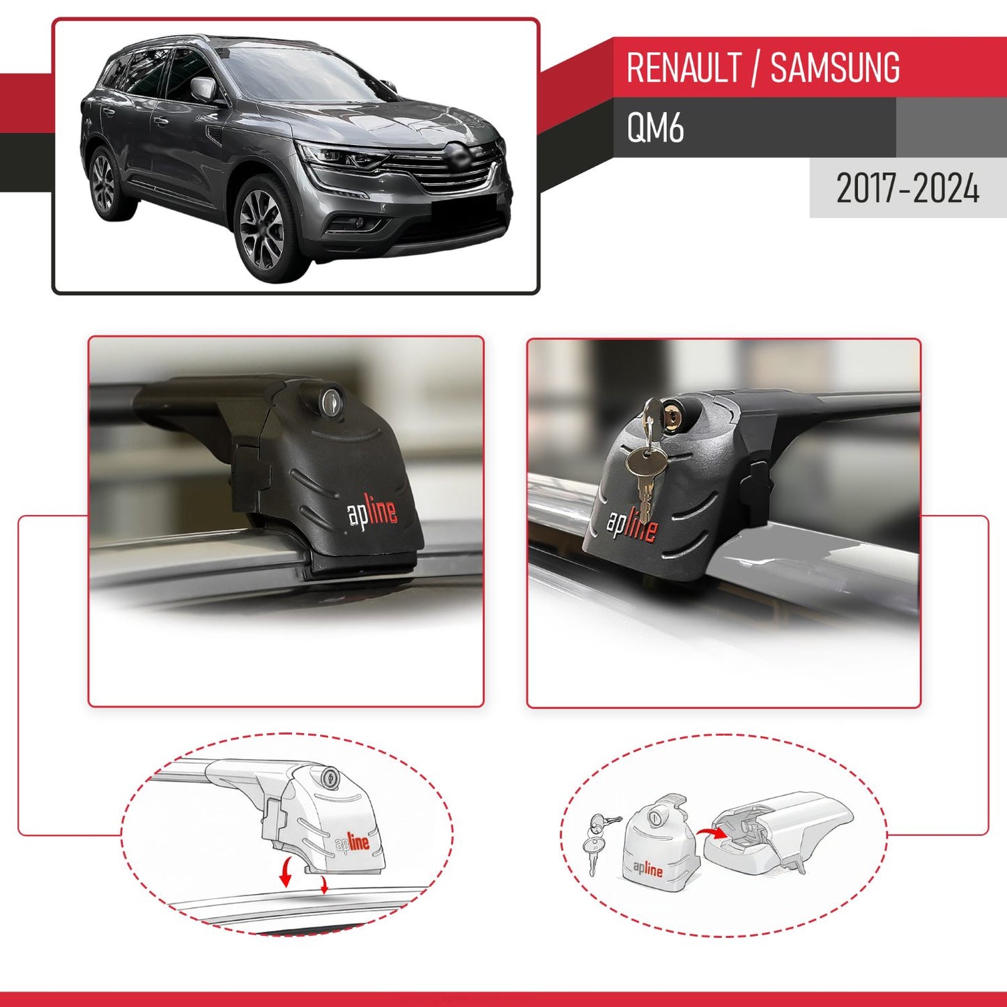 Compatible with Renault Samsung QM6 2017-2024 ACE-2 Car Roof Rack Cross Bar Black Aluminium 2 Bars