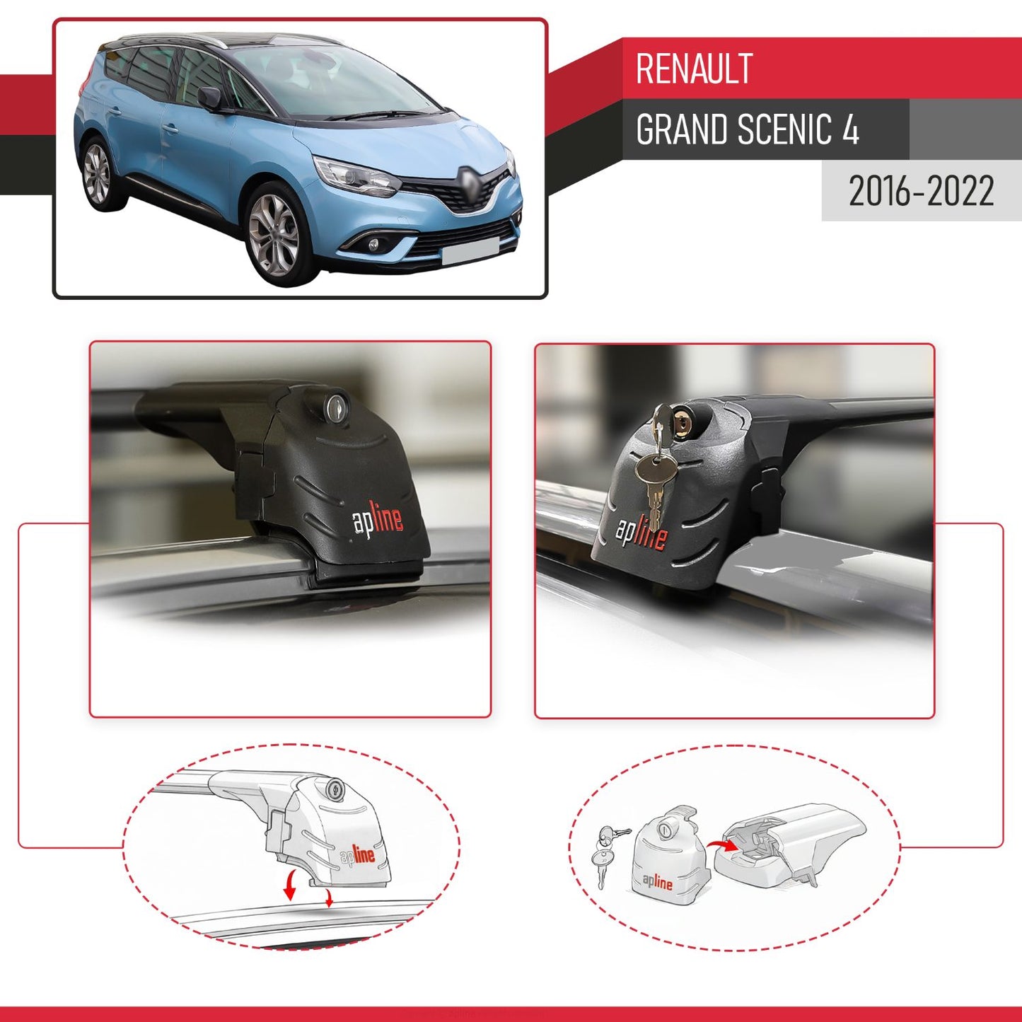 Compatible with Renault Grand Scenic 4 2017-2022 ACE-2 Car Roof Rack Cross Bar Black Aluminium 2 Bars