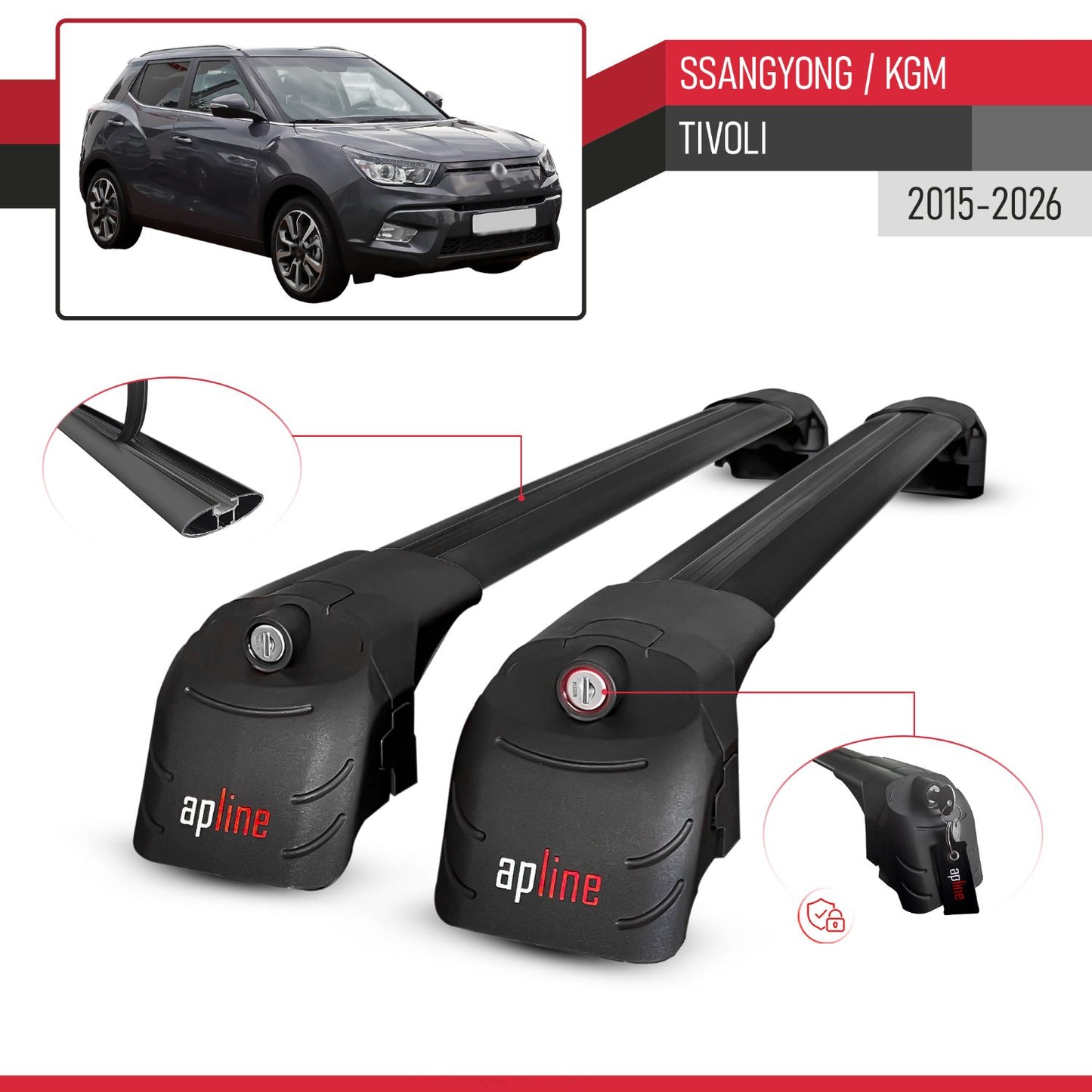 Compatible avec Ssangyong/KGM Tivoli 2015-2026 ACE-2 modèle Barres de Toit Railing Porte-Bagages de Voiture Noir Aluminium Barres