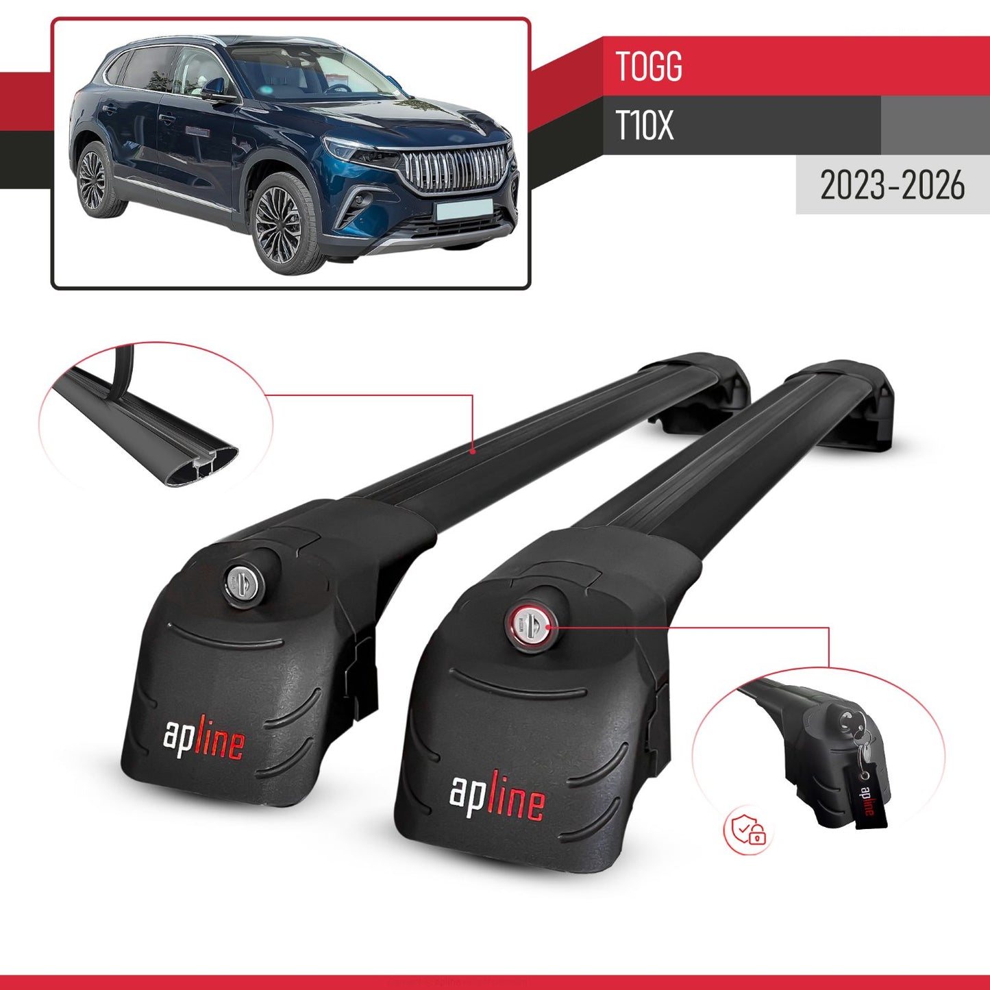 Compatible with Togg T10X 2023-2025 ACE-2 Car Roof Rack Cross Bar Black Aluminium 2 Bars