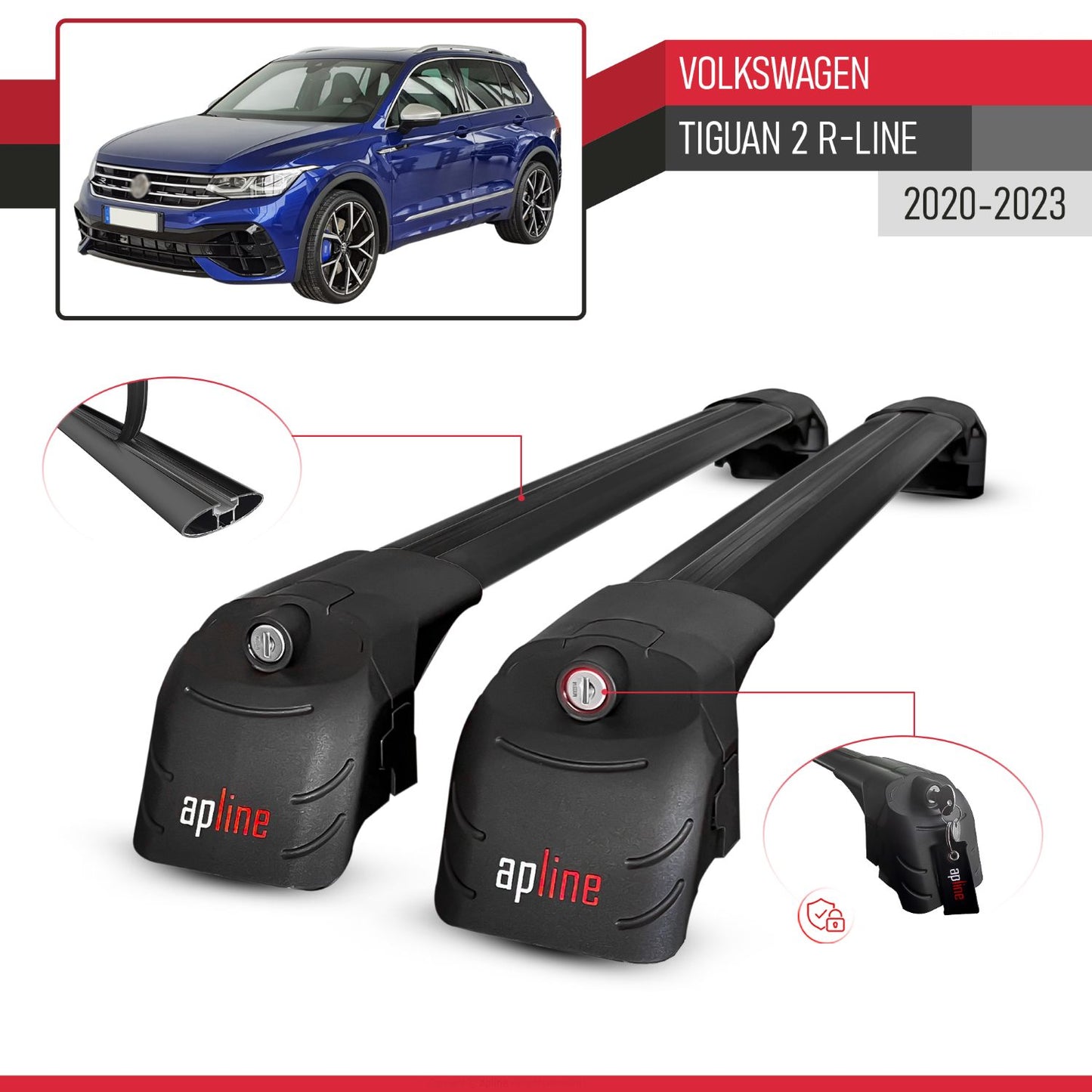 Compatible with Volkswagen Tiguan 2 R-Line 2020-2023 ACE-2 Car Roof Rack Cross Bar Black Aluminium 2 Bars