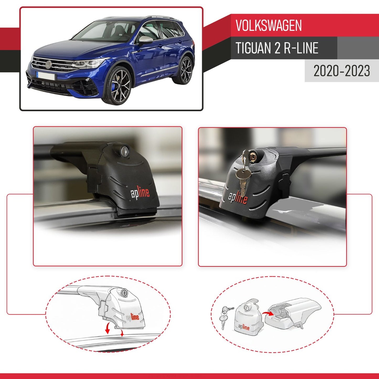 Compatible with Volkswagen Tiguan 2 R-Line 2020-2023 ACE-2 Car Roof Rack Cross Bar Black Aluminium 2 Bars