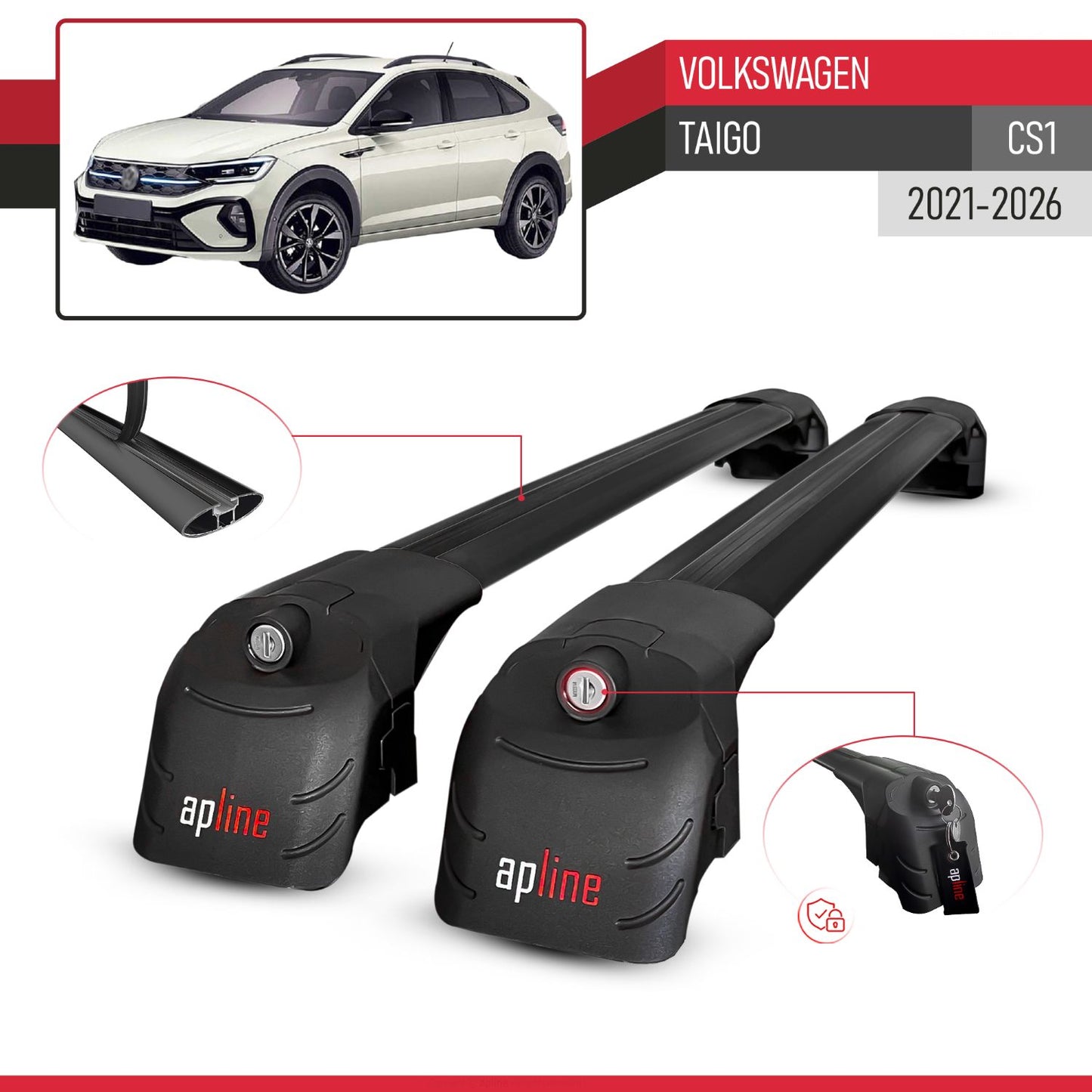 Compatible with Volkswagen Taigo (CS1) 2021-2025 ACE-2 Car Roof Rack Cross Bar Black Aluminium 2 Bars