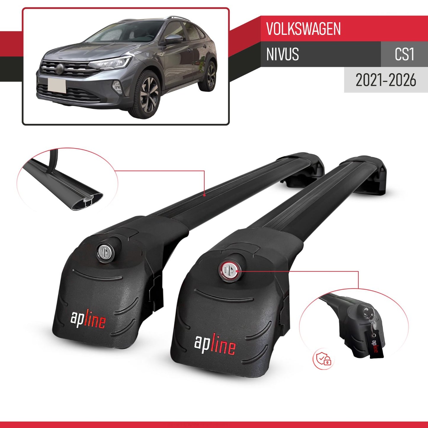 Compatible with Volkswagen Nivus (CS1) 2021-2025 ACE-2 Car Roof Rack Cross Bar Black Aluminium 2 Bars