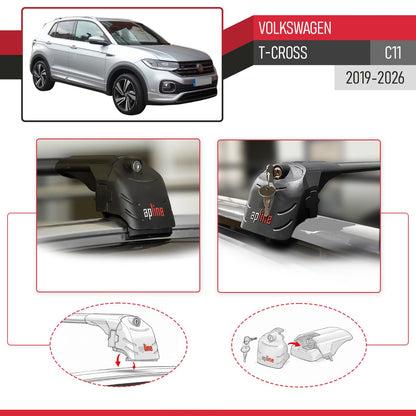 Compatible with Volkswagen T-Cross (C11) 2019-2025 ACE-2 Car Roof Rack Cross Bar Black Aluminium 2 Bars