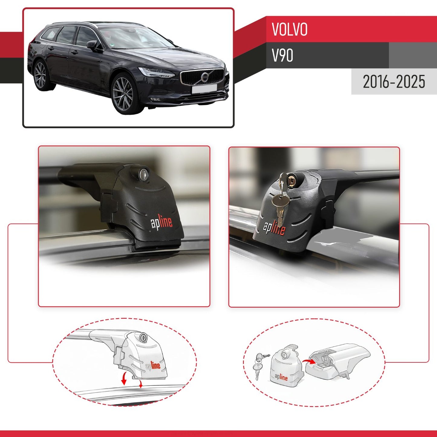 Compatible with Volvo V90 2017-2025 ACE-2 Car Roof Rack Cross Bar Black Aluminium 2 Bars