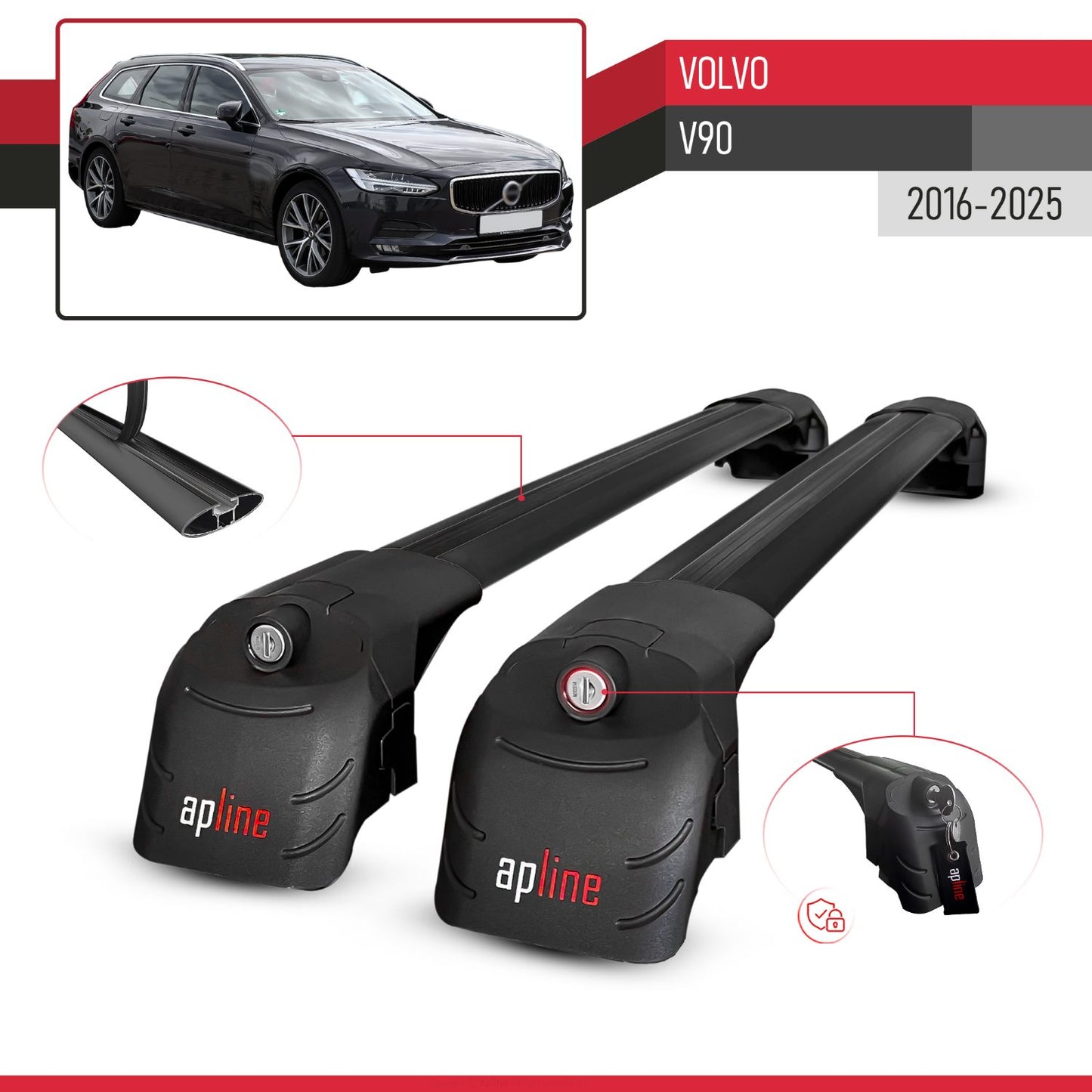 Compatible with Volvo V90 2017-2025 ACE-2 Car Roof Rack Cross Bar Black Aluminium 2 Bars