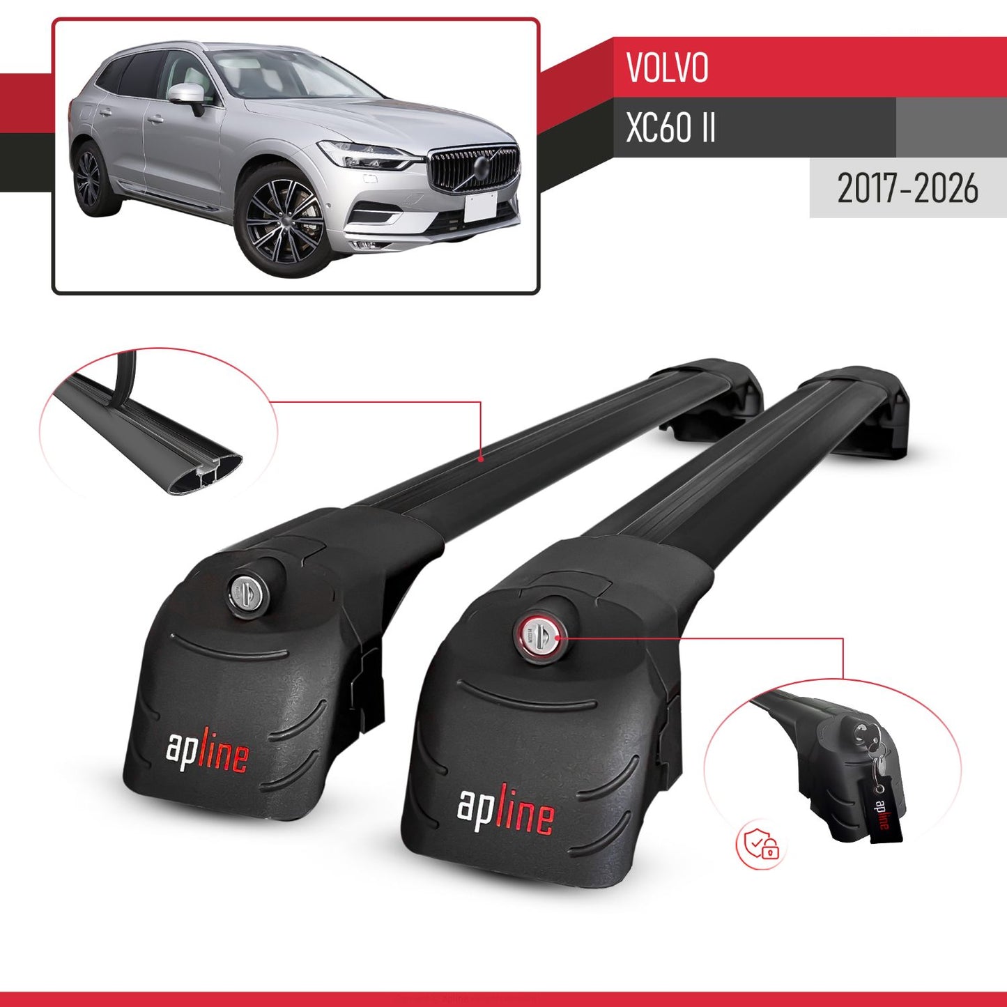 Compatible avec Volvo XC60 II 2017-2026 ACE-2 modèle Barres de Toit Railing Porte-Bagages de Voiture Noir Aluminium Barres