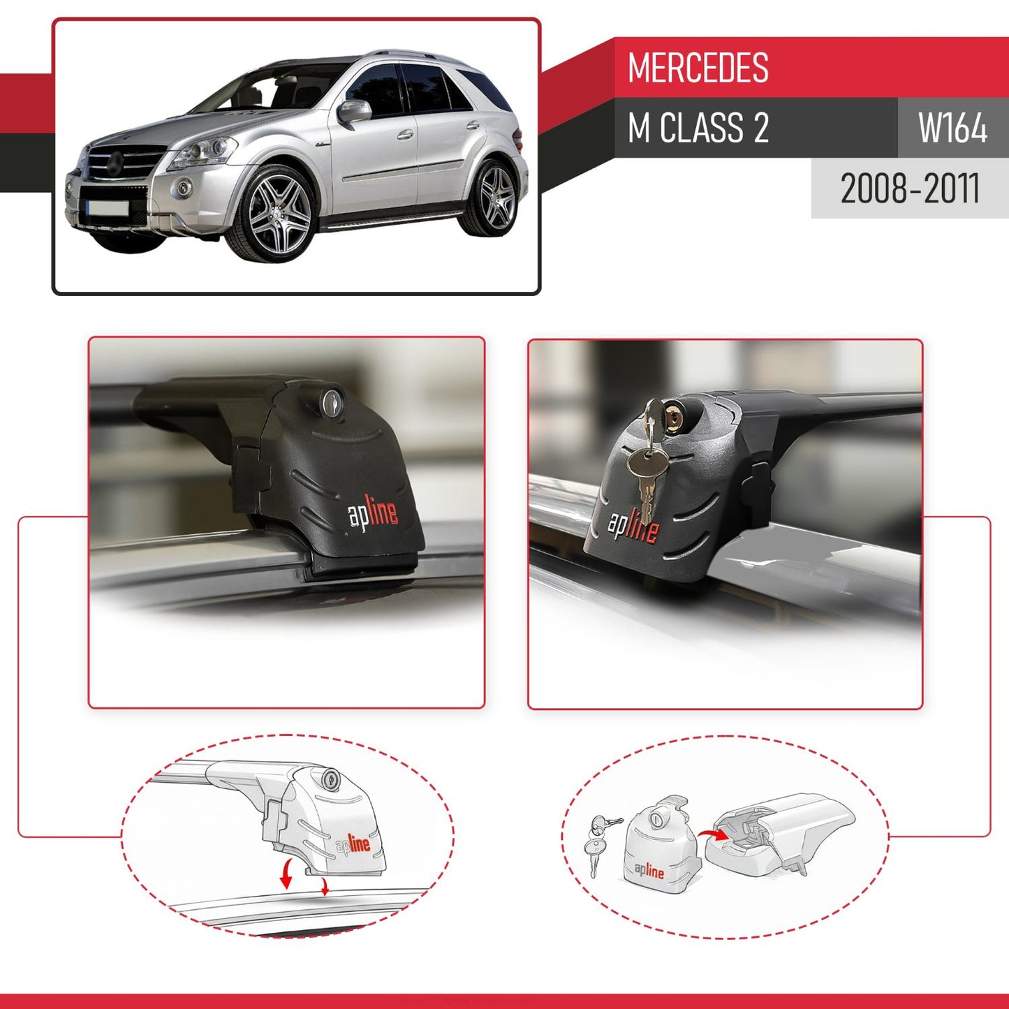 Compatible avec Mercedes M Class 2 (W164) Post-Facelift 2008-2011 ACE-2 modèle Barres de Toit Railing Porte-Bagages de Voiture Noir Aluminium Barres
