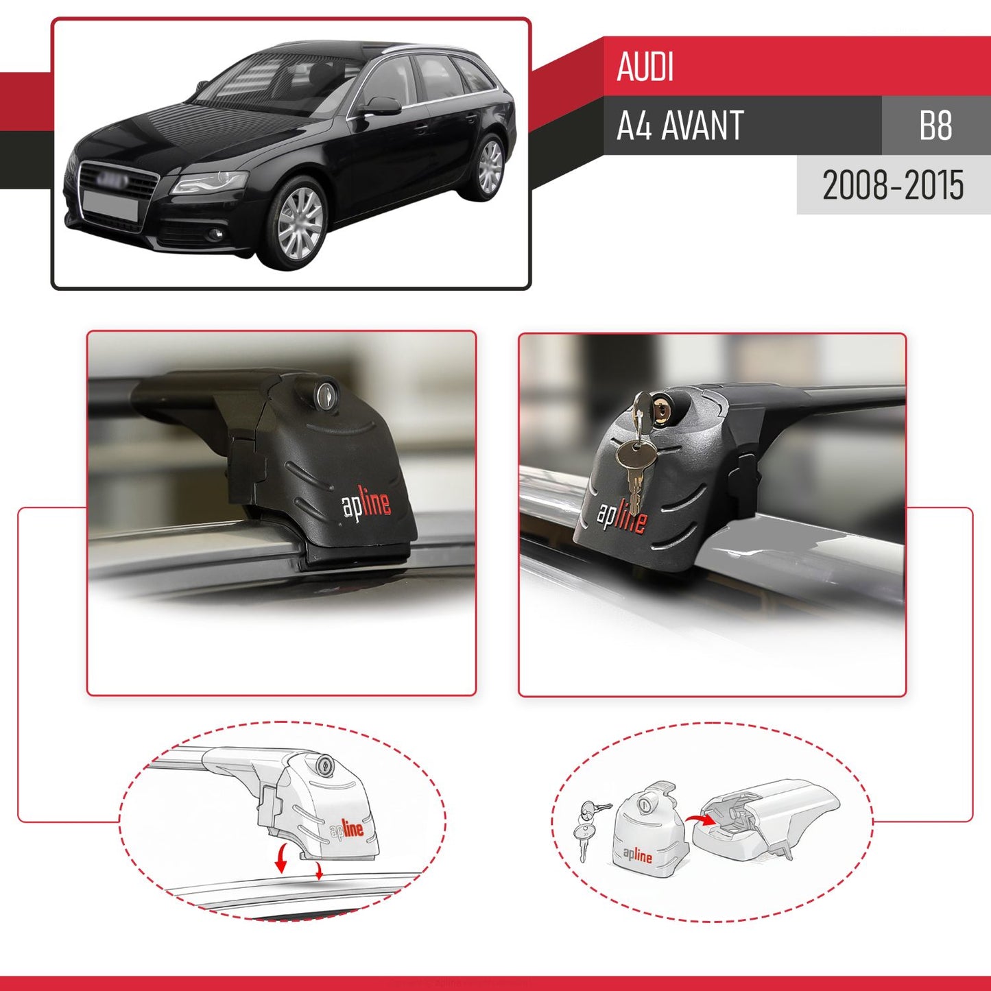 Compatible avec Audi A4 (B8) Avant 2008-2015 ACE-2 modèle Barres de Toit Railing Porte-Bagages de Voiture Noir Aluminium Barres
