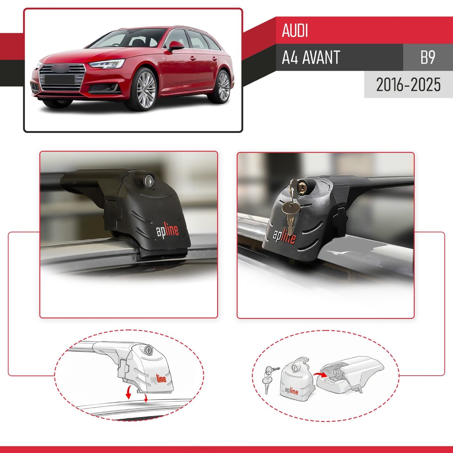 Compatible avec Audi A4 (B9) Avant 2016-2025 ACE-2 modèle Barres de Toit Railing Porte-Bagages de Voiture Noir Aluminium Barres