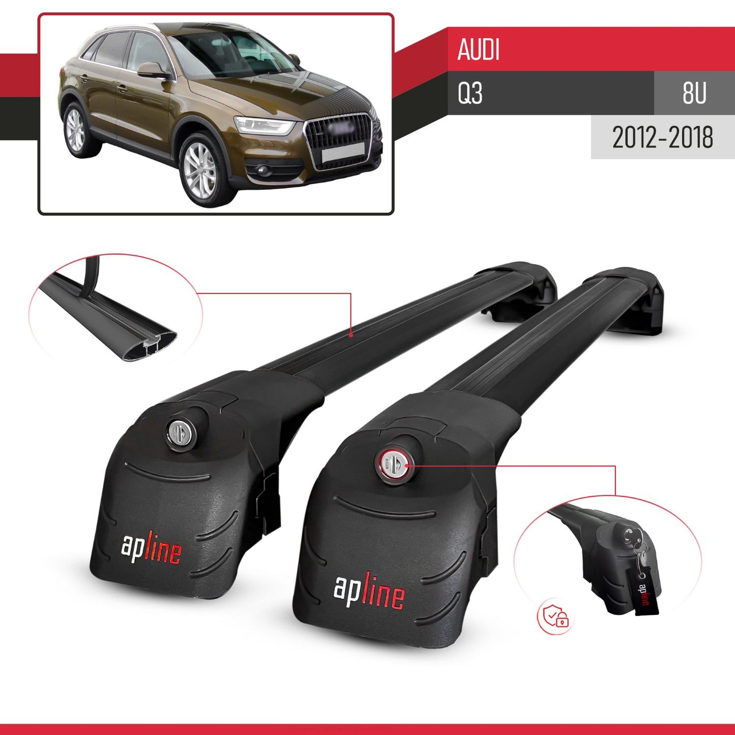 Compatible with Q3 (8U) 2012-2018 ACE-2 Car Roof Rack Cross Bar Black Aluminium 2 Bars