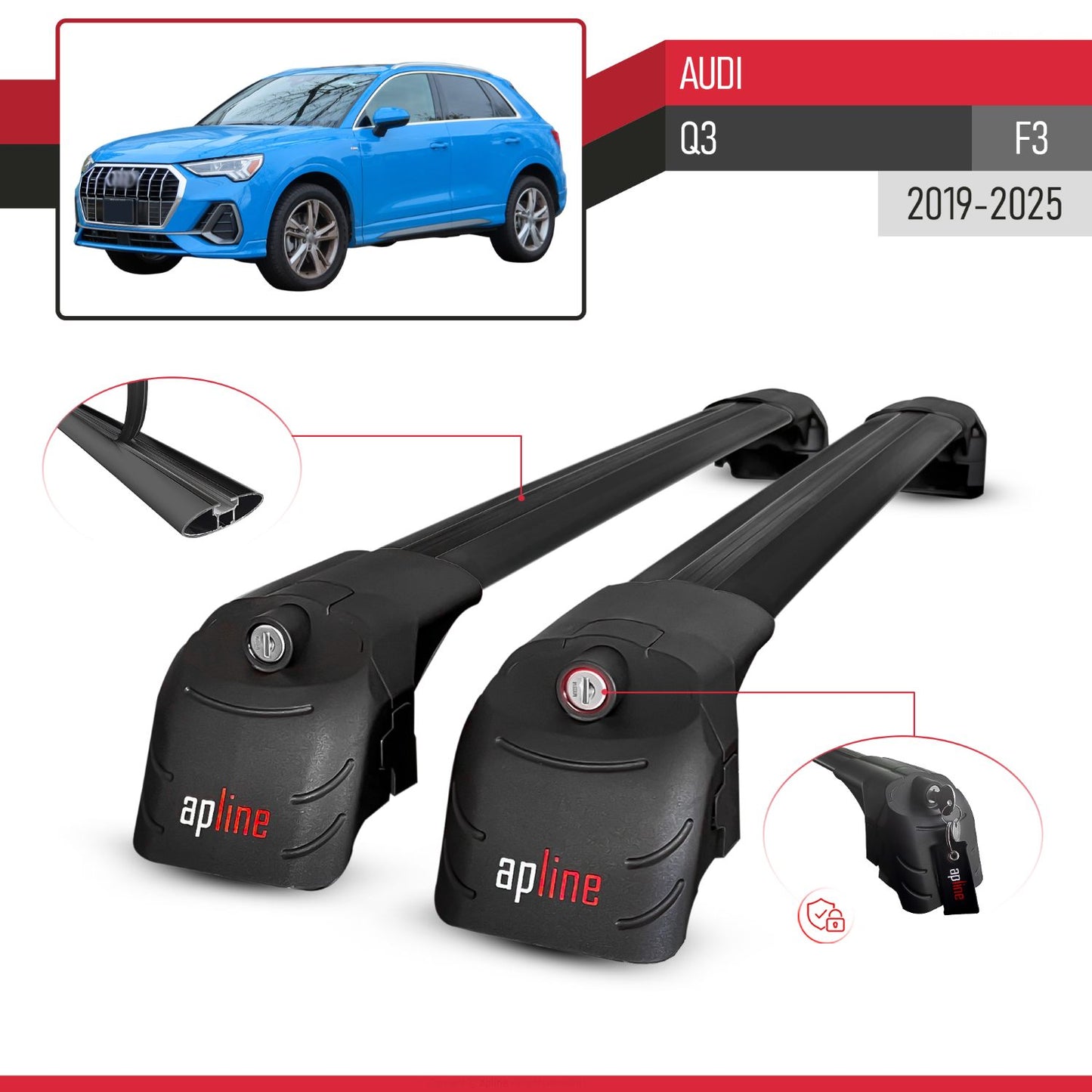 Compatible with Q3 (F3) 2019-2025 ACE-2 Car Roof Rack Cross Bar Black Aluminium 2 Bars