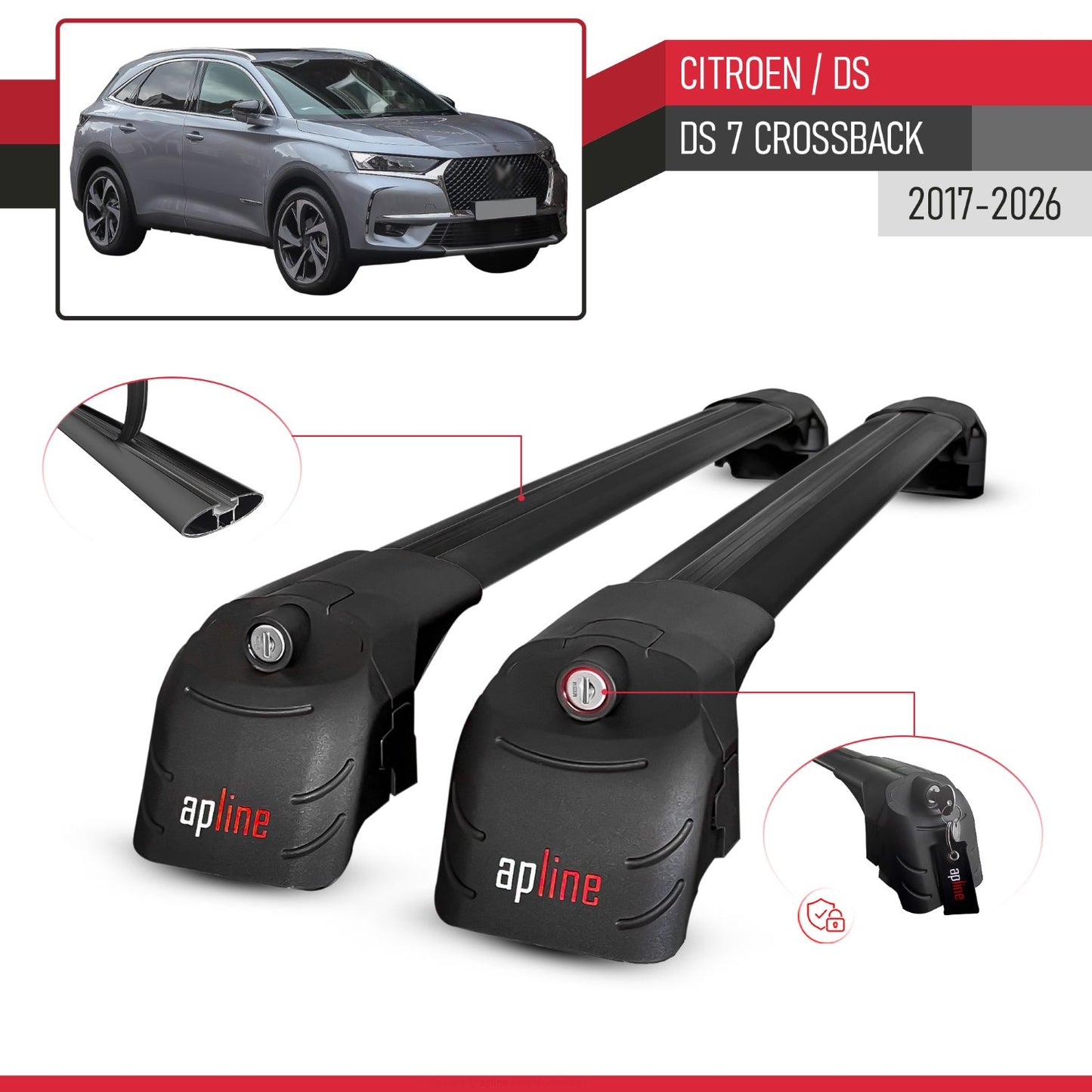 Compatible with Citroen/DS 7 Crossback 2018-2025 ACE-2 Car Roof Rack Cross Bar Black Aluminium 2 Bars