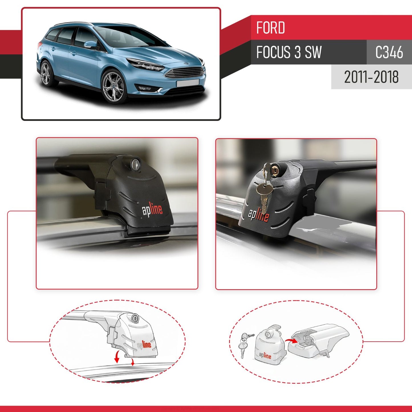 Compatible avec Ford Focus 3 (C346) SW 2011-2018 ACE-2 modèle Barres de Toit Railing Porte-Bagages de Voiture Noir Aluminium Barres