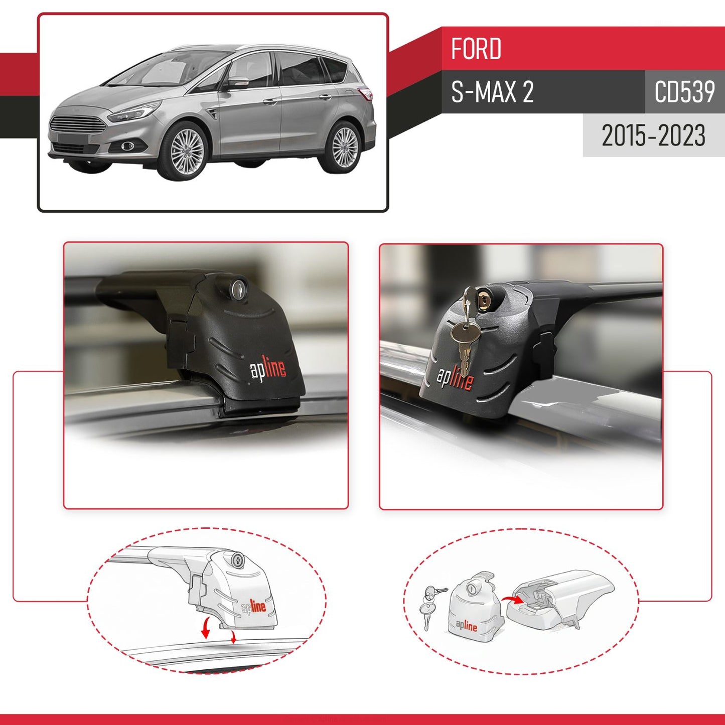 Compatible avec Ford S-Max 2 (CD539) 2015-2023 ACE-2 modèle Barres de Toit Railing Porte-Bagages de Voiture Noir Aluminium Barres