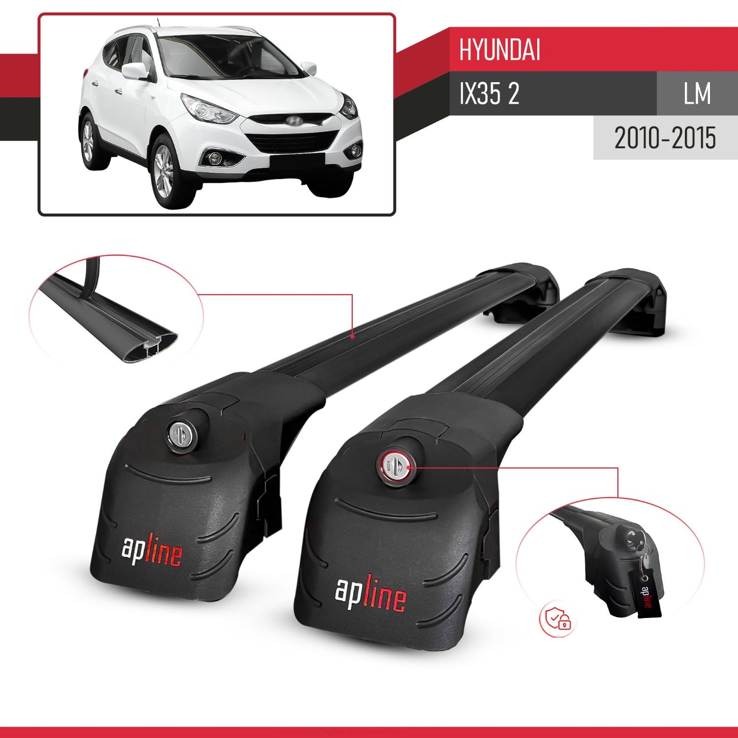 Compatible avec Hyundai ix35 2 (LM) 2010-2015 ACE-2 modèle Barres de Toit Railing Porte-Bagages de Voiture Noir Aluminium Barres