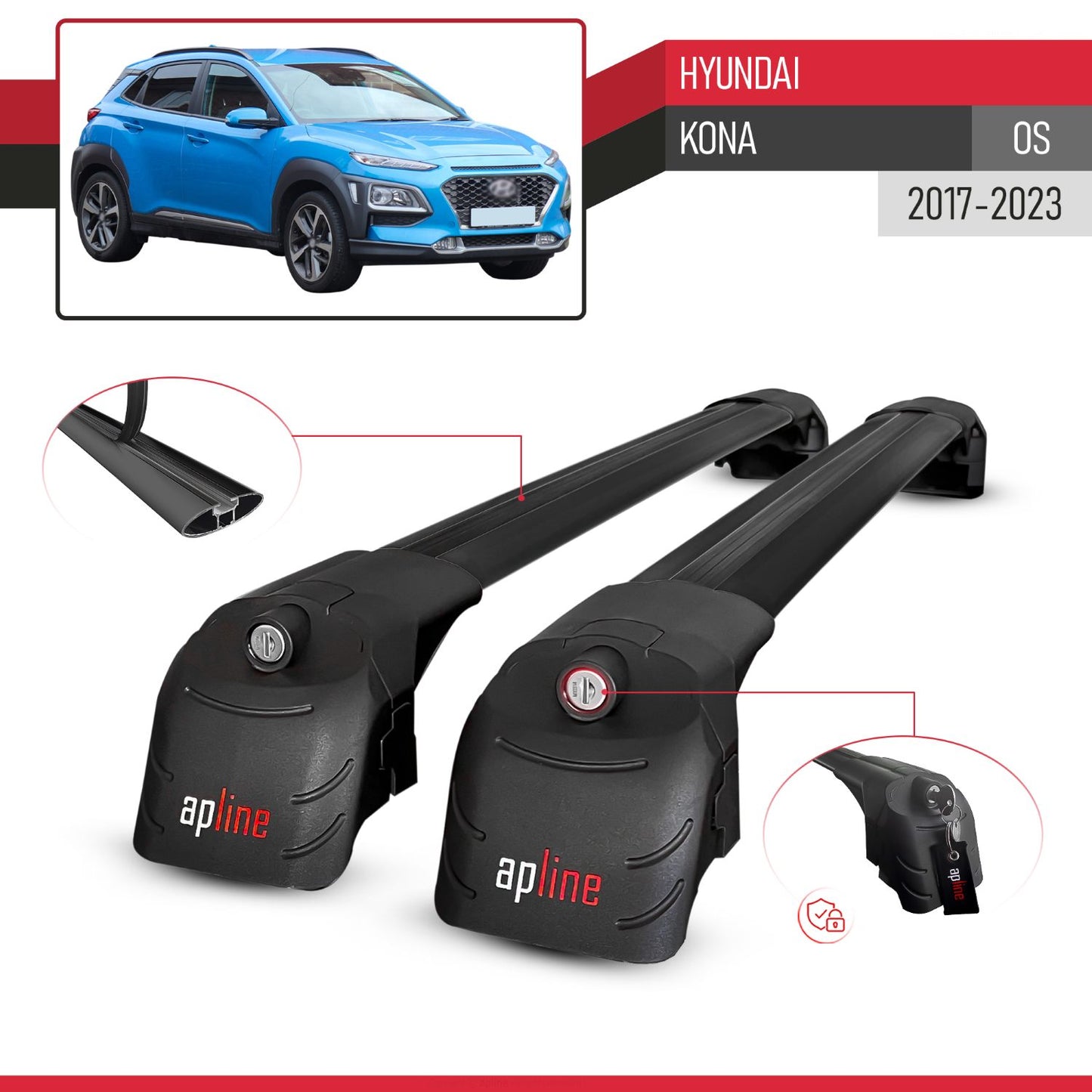 Compatible with Hyundai Kona (OS) 2017-2022 ACE-2 Car Roof Rack Cross Bar Black Aluminium 2 Bars