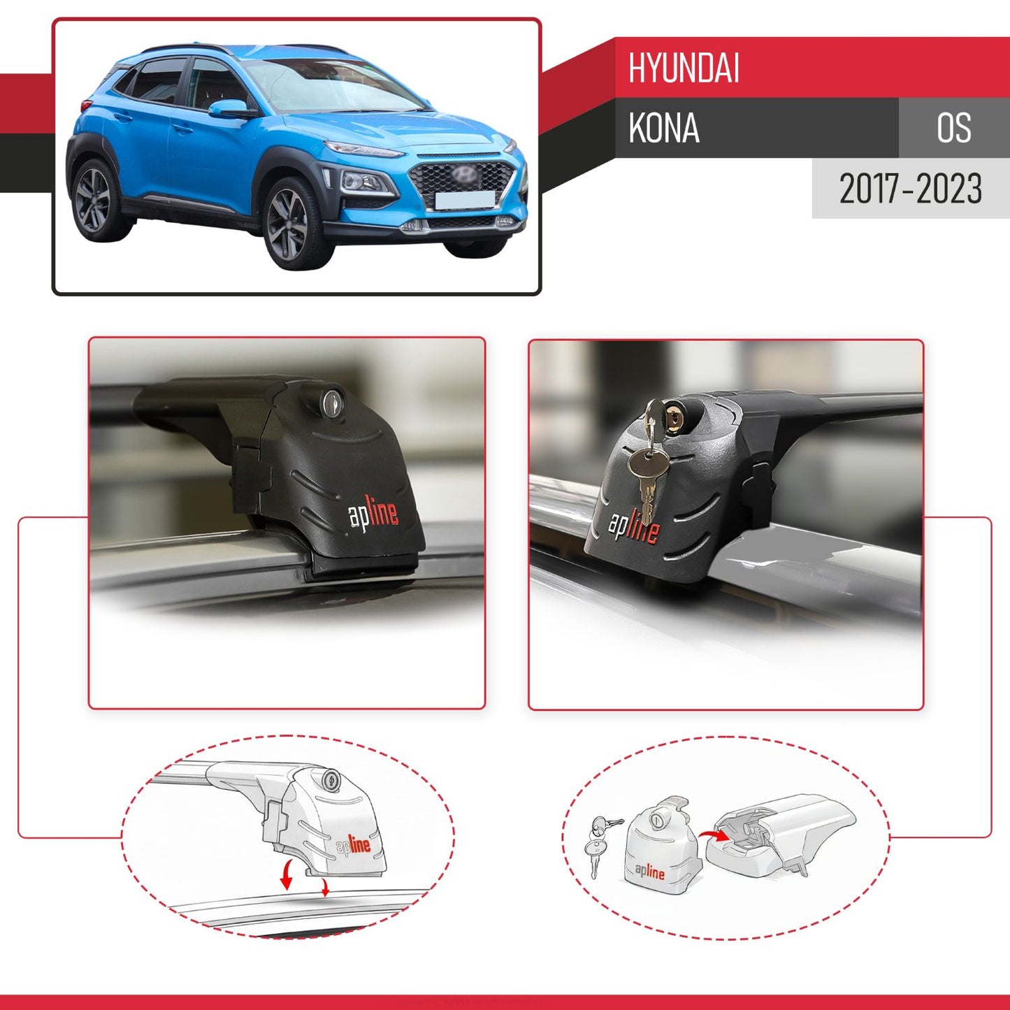 Compatible with Hyundai Kona (OS) 2017-2022 ACE-2 Car Roof Rack Cross Bar Black Aluminium 2 Bars