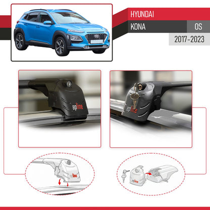 Compatible with Hyundai Kona (OS) 2017-2022 ACE-2 Car Roof Rack Cross Bar Black Aluminium 2 Bars