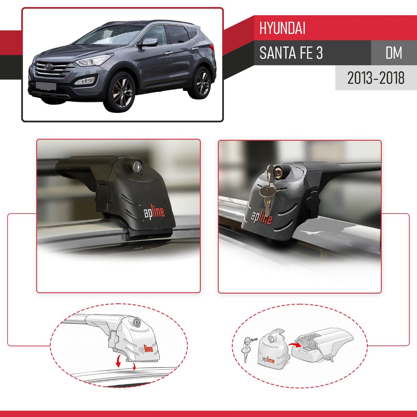 Compatible with Hyundai Santa Fe 3 (DM) 2013-2018 ACE-2 Car Roof Rack Cross Bar Black Aluminium 2 Bars