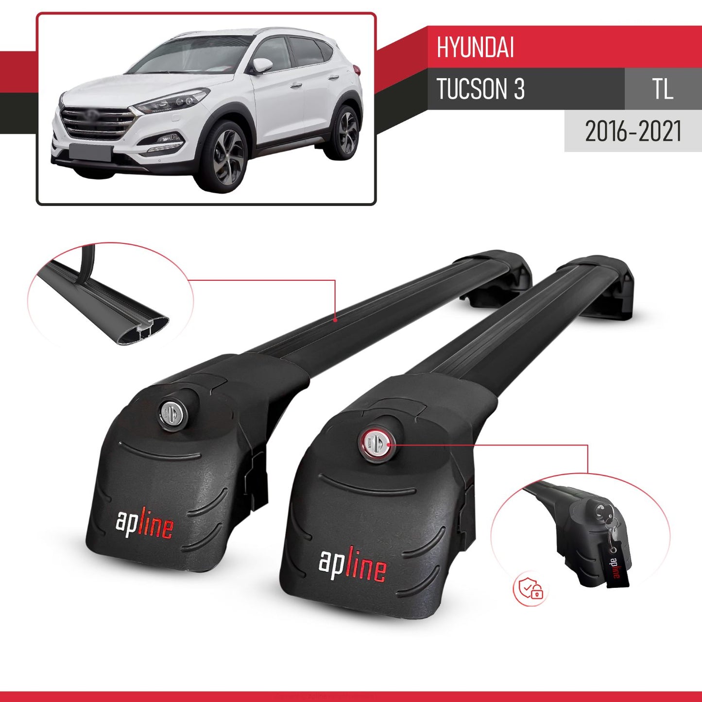 Compatible with Hyundai Tucson 3 (TL) 2016-2021 ACE-2 Car Roof Rack Cross Bar Black Aluminium 2 Bars