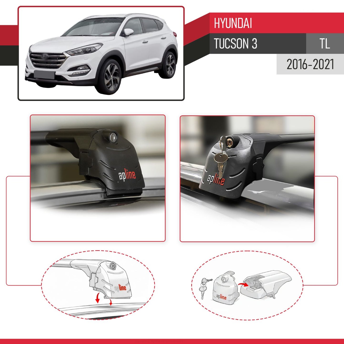 Compatible with Hyundai Tucson 3 (TL) 2016-2021 ACE-2 Car Roof Rack Cross Bar Black Aluminium 2 Bars