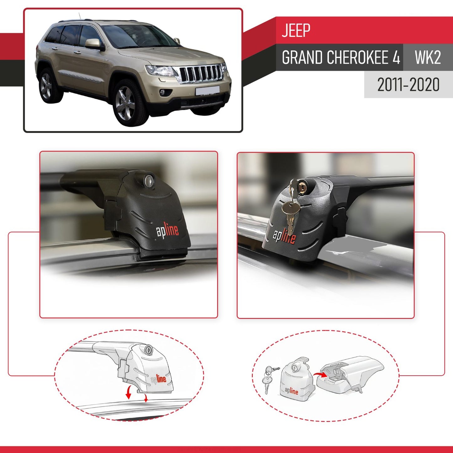 Compatible with Jeep Grand Cherokee 4 (WK2) 2011-2020 ACE-2 Car Roof Rack Cross Bar Black Aluminium 2 Bars