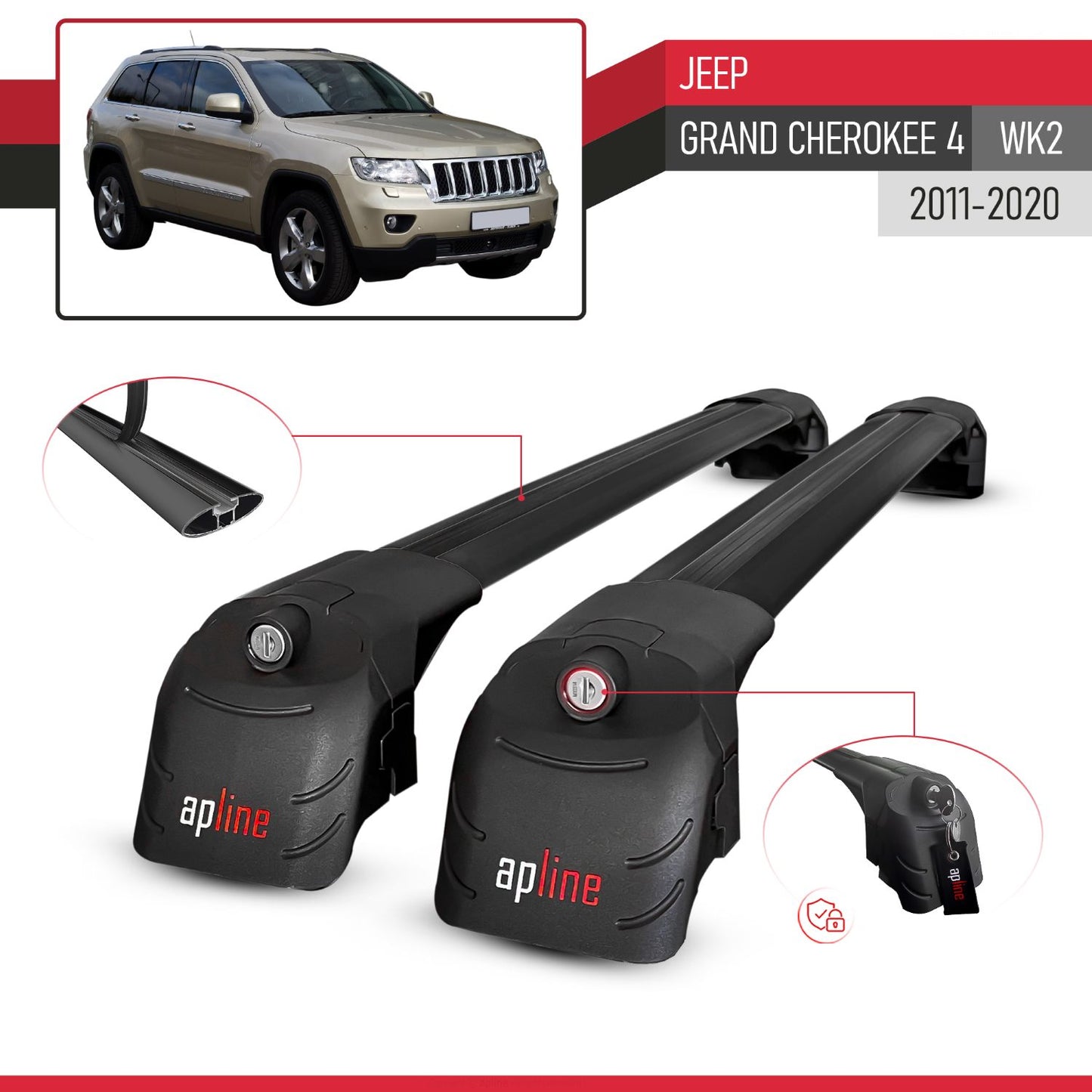 Compatible with Jeep Grand Cherokee 4 (WK2) 2011-2020 ACE-2 Car Roof Rack Cross Bar Black Aluminium 2 Bars