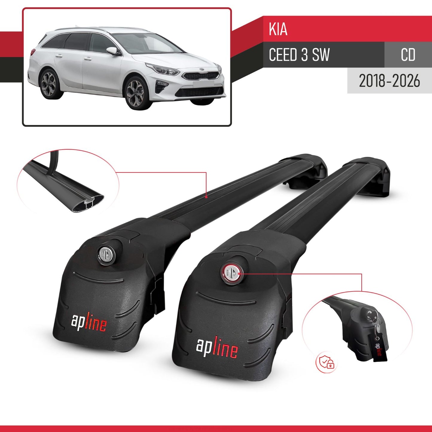 Compatible with Kia Ceed 3 (CD) SW 2019-2025 ACE-2 Car Roof Rack Cross Bar Black Aluminium 2 Bars