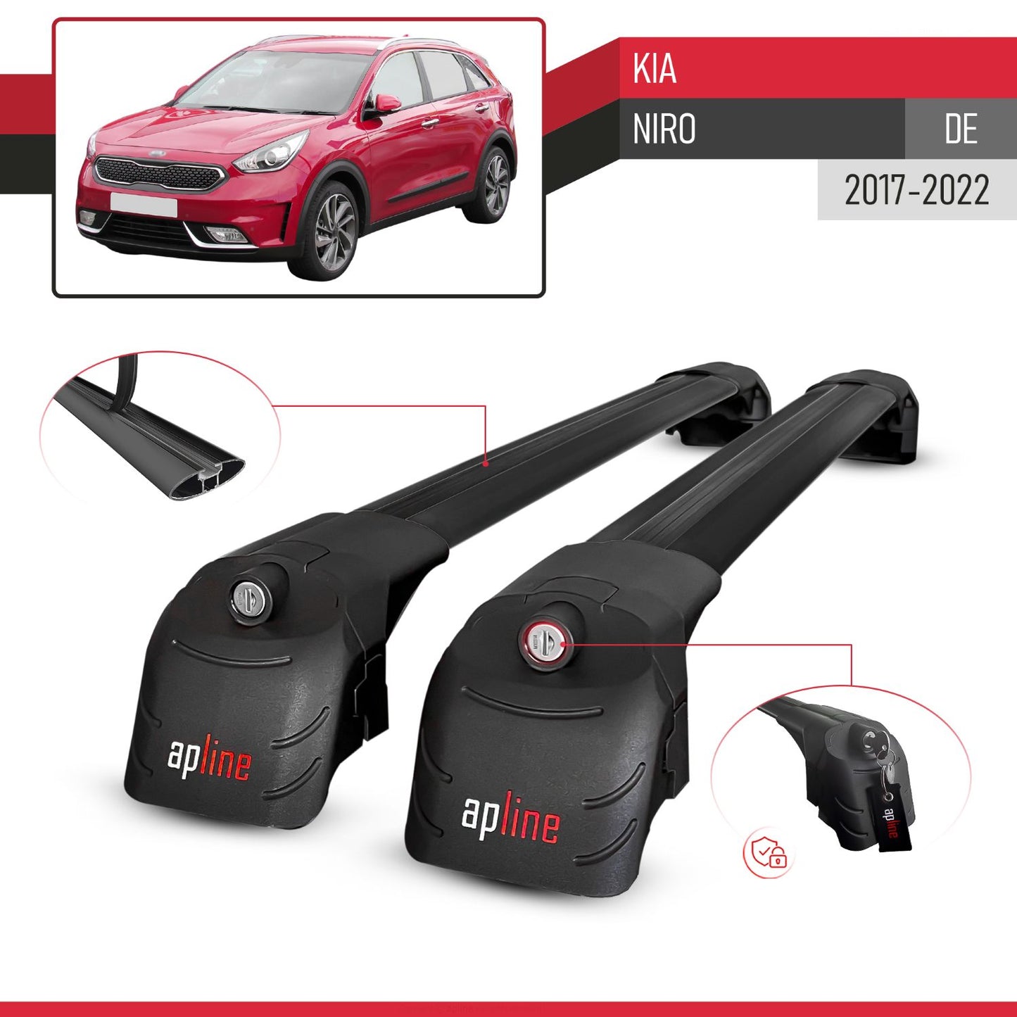 Compatible avec Kia Niro (DE) 2017-2022 ACE-2 modèle Barres de Toit Railing Porte-Bagages de Voiture Noir Aluminium Barres