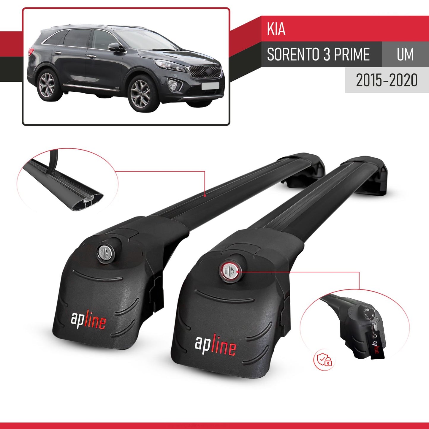 Compatible with Kia Sorento 3 (UM) Prime 2015-2020 ACE-2 Car Roof Rack Cross Bar Black Aluminium 2 Bars
