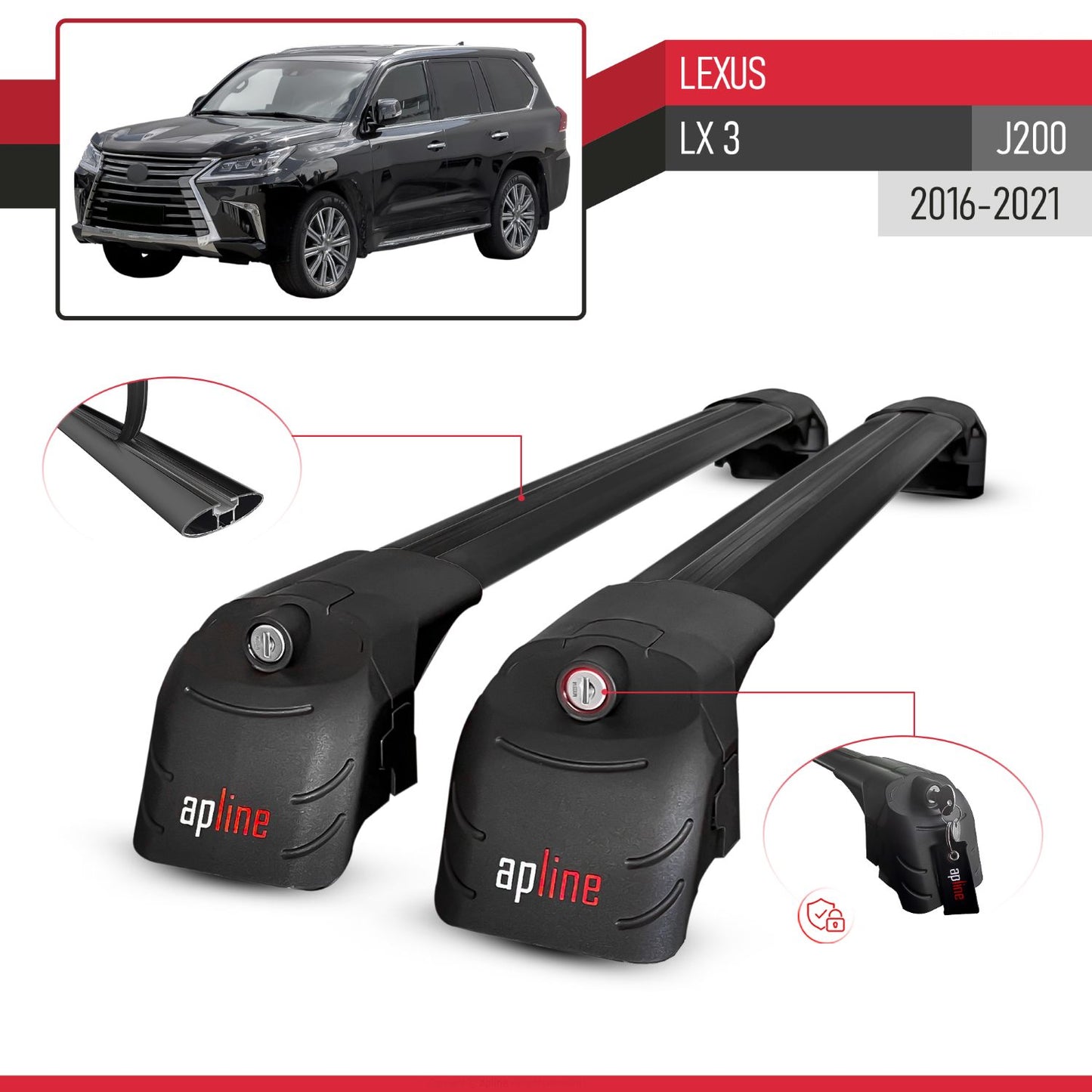 Compatible with Lexus LX 3 (J200) 2016-2021 ACE-2 Car Roof Rack Cross Bar Black Aluminium 2 Bars