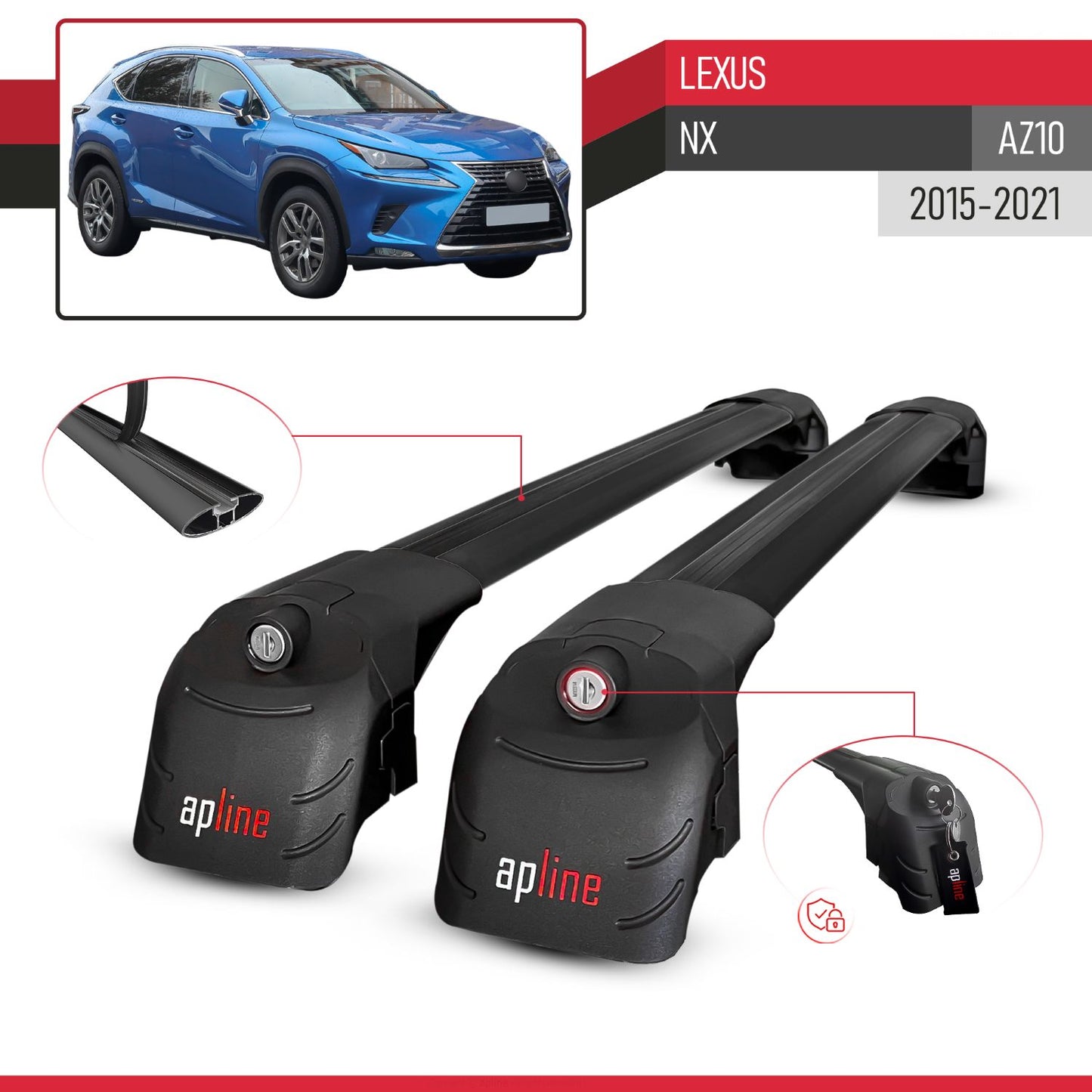 Compatible with Lexus NX (AZ10) 2015-2021 ACE-2 Car Roof Rack Cross Bar Black Aluminium 2 Bars